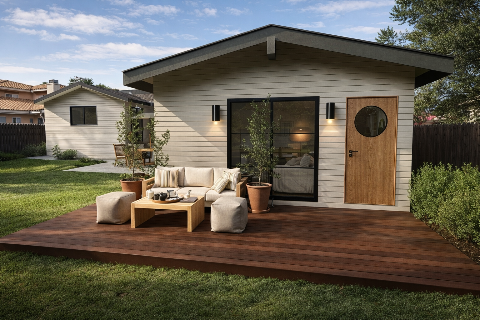 A modern backyard with a wooden deck, outdoor seating, potted plants, and a house with wooden and black-framed windows and door, surrounded by green grass and trees.
