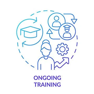 Iconic illustration of ongoing training, including a graduate cap, two people with a gear, and an upward arrow symbolizing progress.