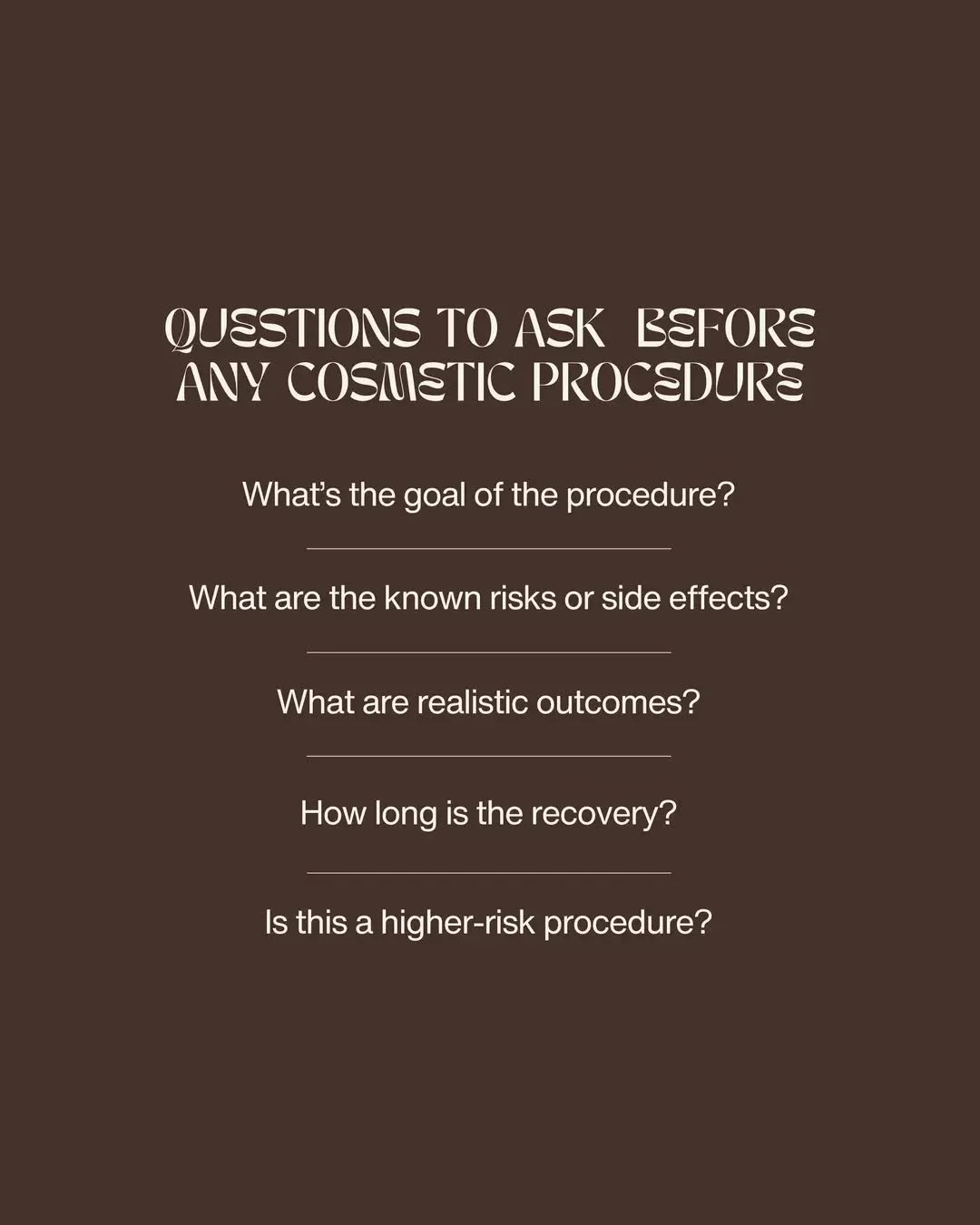 Before undergoing any cosmetic procedure, informed consent is essential.

These questions help you clarify expectations, understand potential risks and make a confident, well-informed decision.

Book your consultation today.

Ella Wilson, Registered 