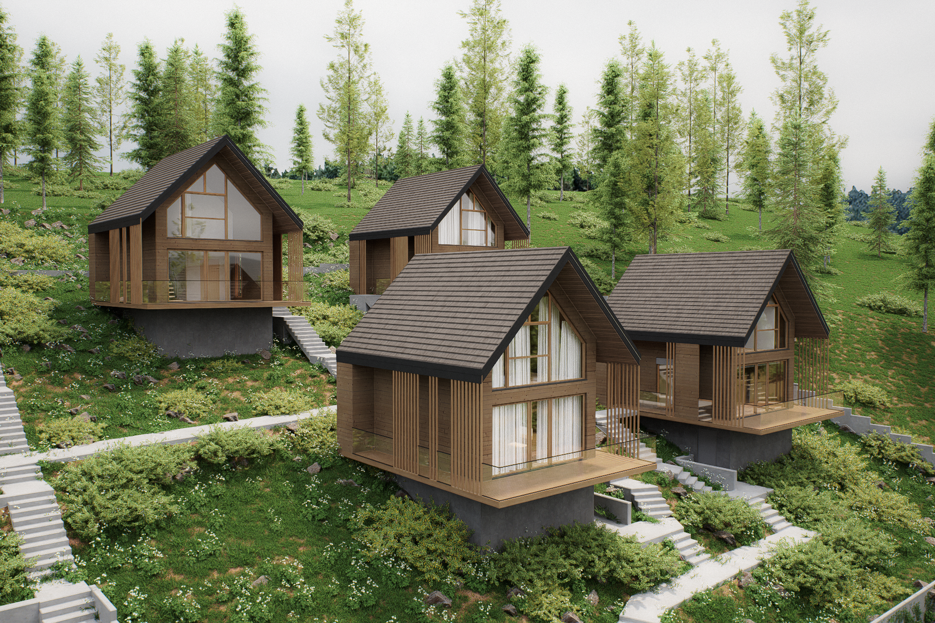 Four modern wooden houses with large glass windows and pitched roofs are situated on a green hillside, surrounded by trees and shrubs.