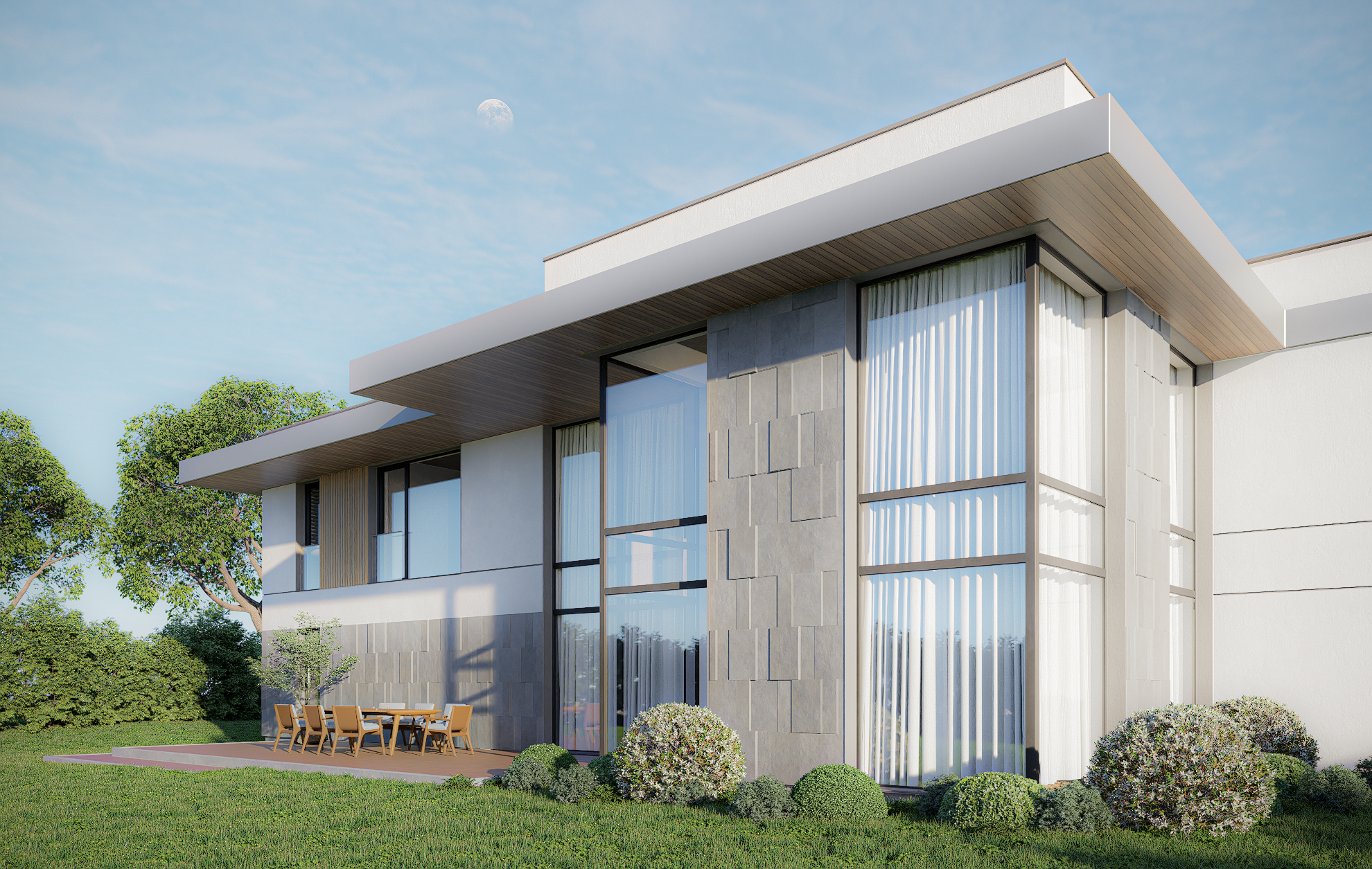 Modern two-story house with large windows, a patio with outdoor dining, surrounded by greenery, under a clear sky with a visible moon.