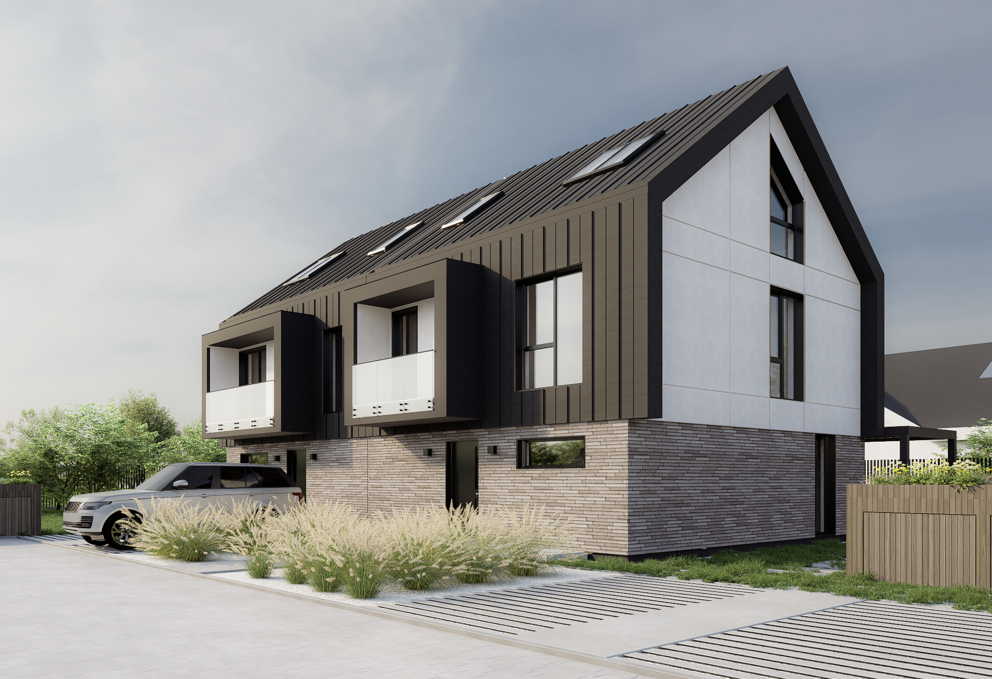 Modern multi-story house with dark exterior siding, large windows, small balconies, a garage, landscaped yard, and parked car.