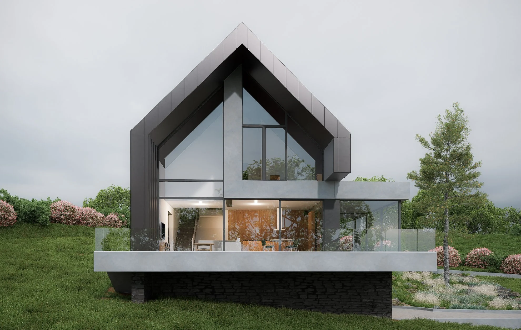 Modern two-story house with large glass windows, black metal framing, and a landscaped yard with trees and bushes.