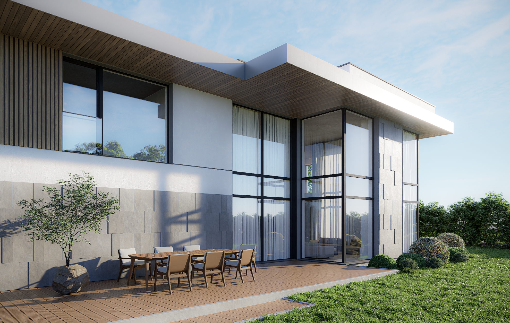 Modern house with large glass windows, outdoor wooden patio, dining table with chairs, and landscaped garden with small trees and bushes.