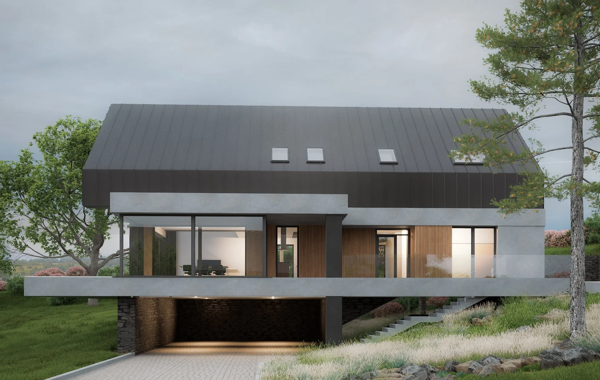 Modern house with a black metal roof, large glass windows, and wooden accents, surrounded by greenery and trees.