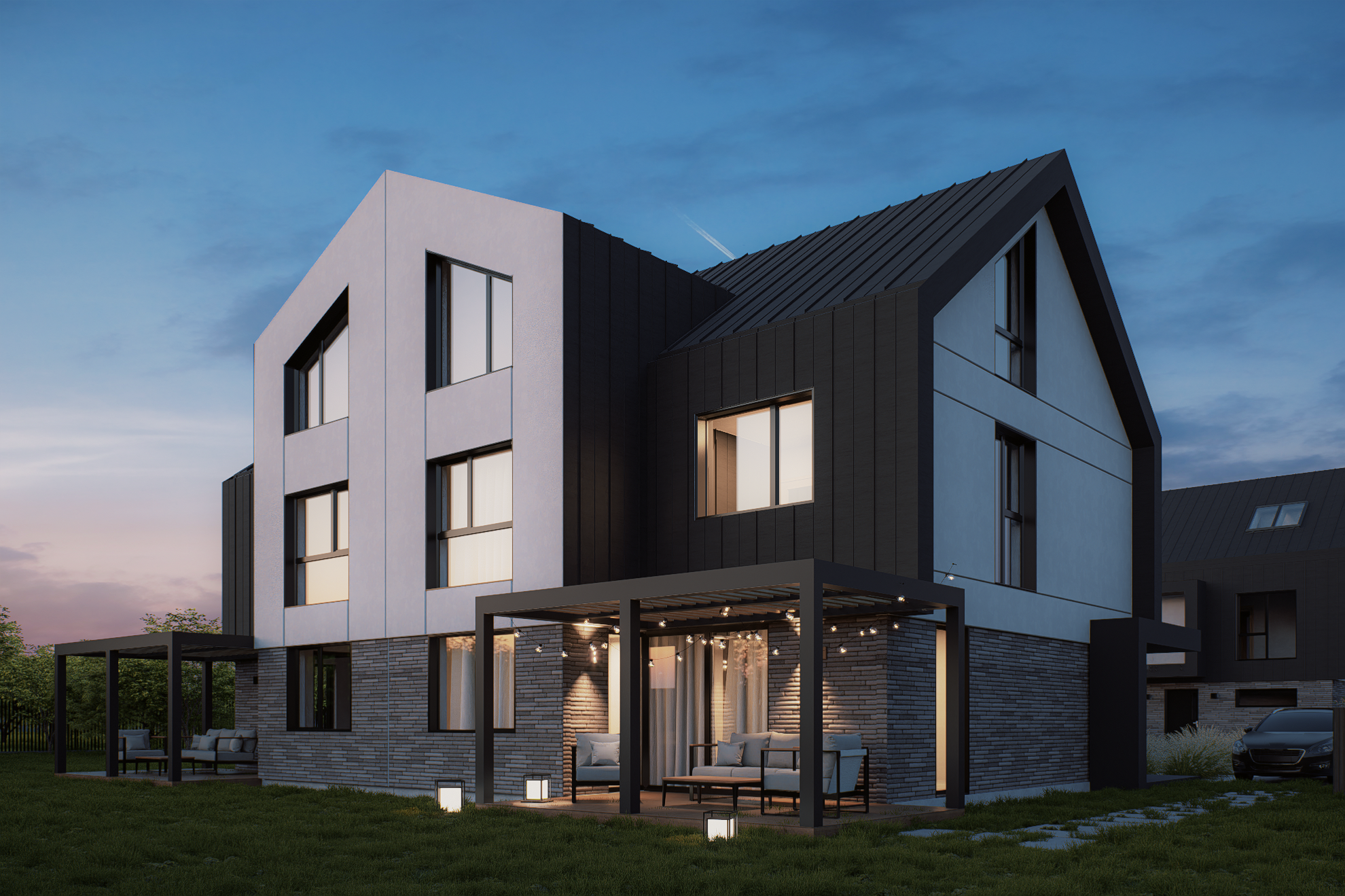 Modern house with white and black exterior, large windows, outdoor seating under a pergola, and a green lawn, during twilight.