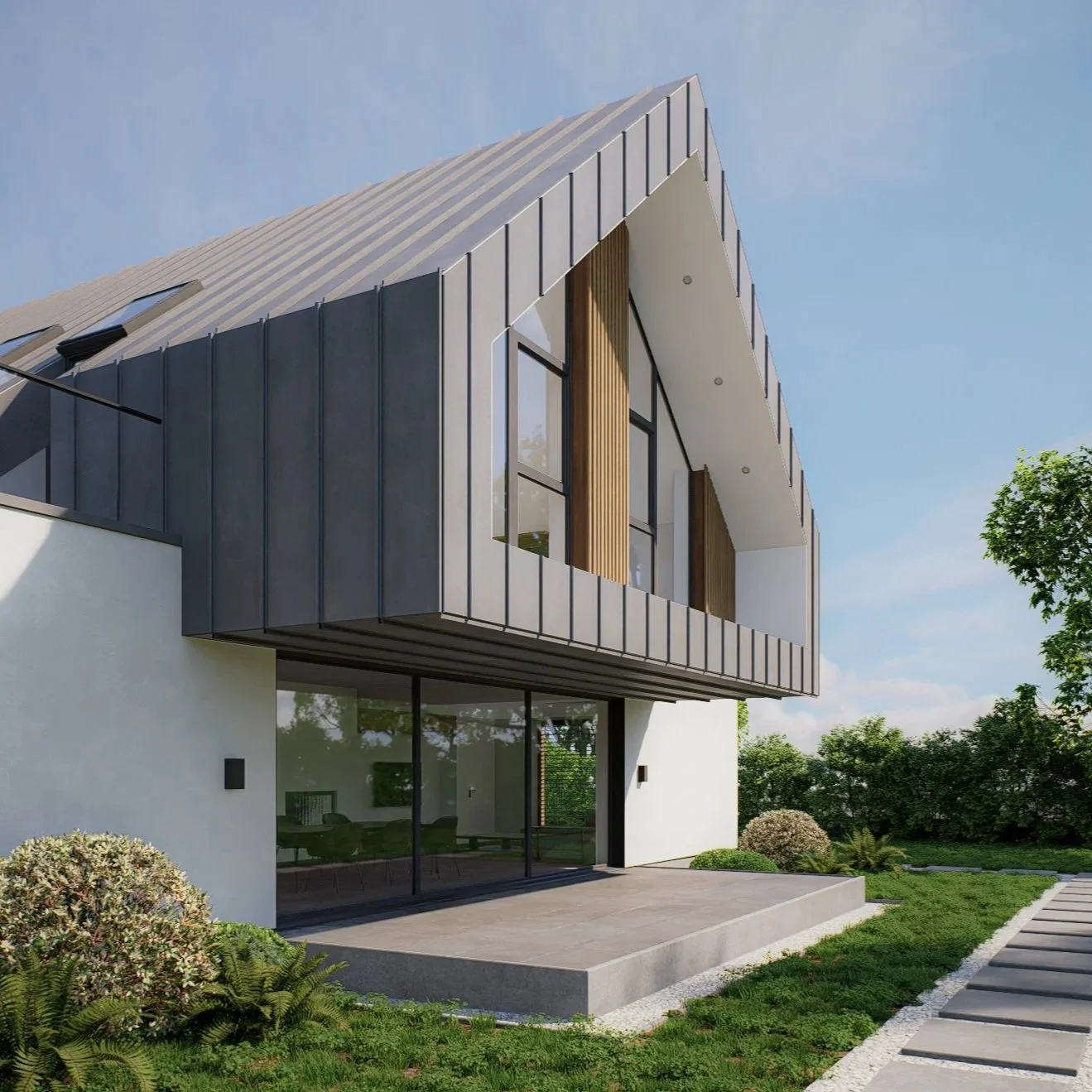 Modern two-story house with a balcony, large glass windows, and a small outdoor patio, surrounded by greenery and landscaping.