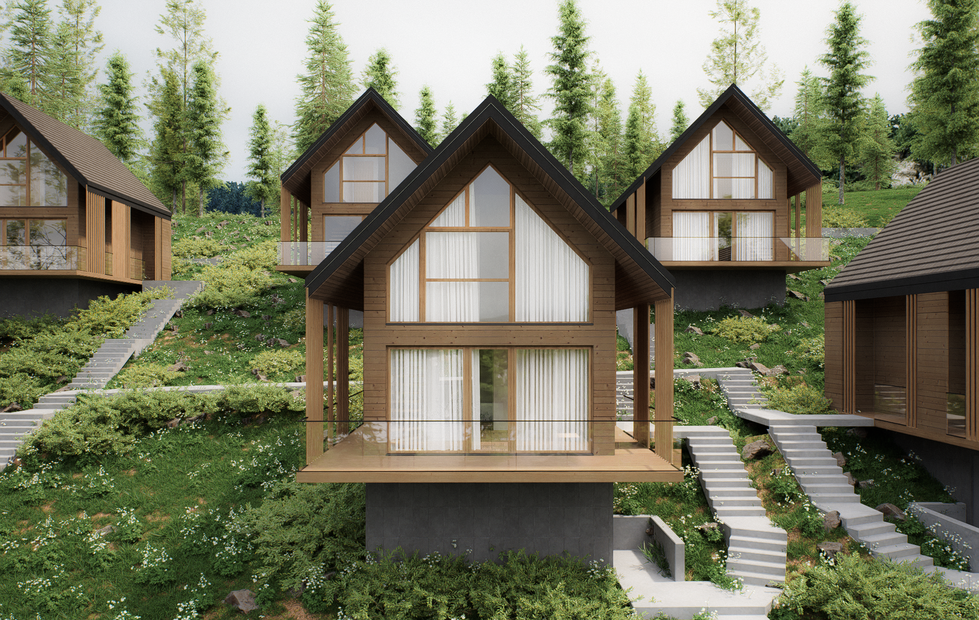 Multiple wooden modern houses with large windows on a hillside surrounded by green trees and shrubs.