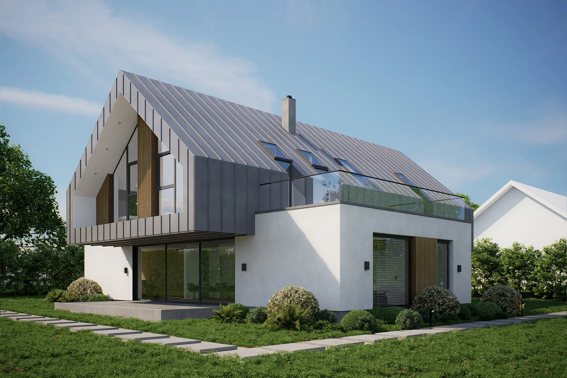 Modern two-story house with white and dark gray exterior, large windows, a sloped metal roof, and landscaped front yard with bushes and grass.
