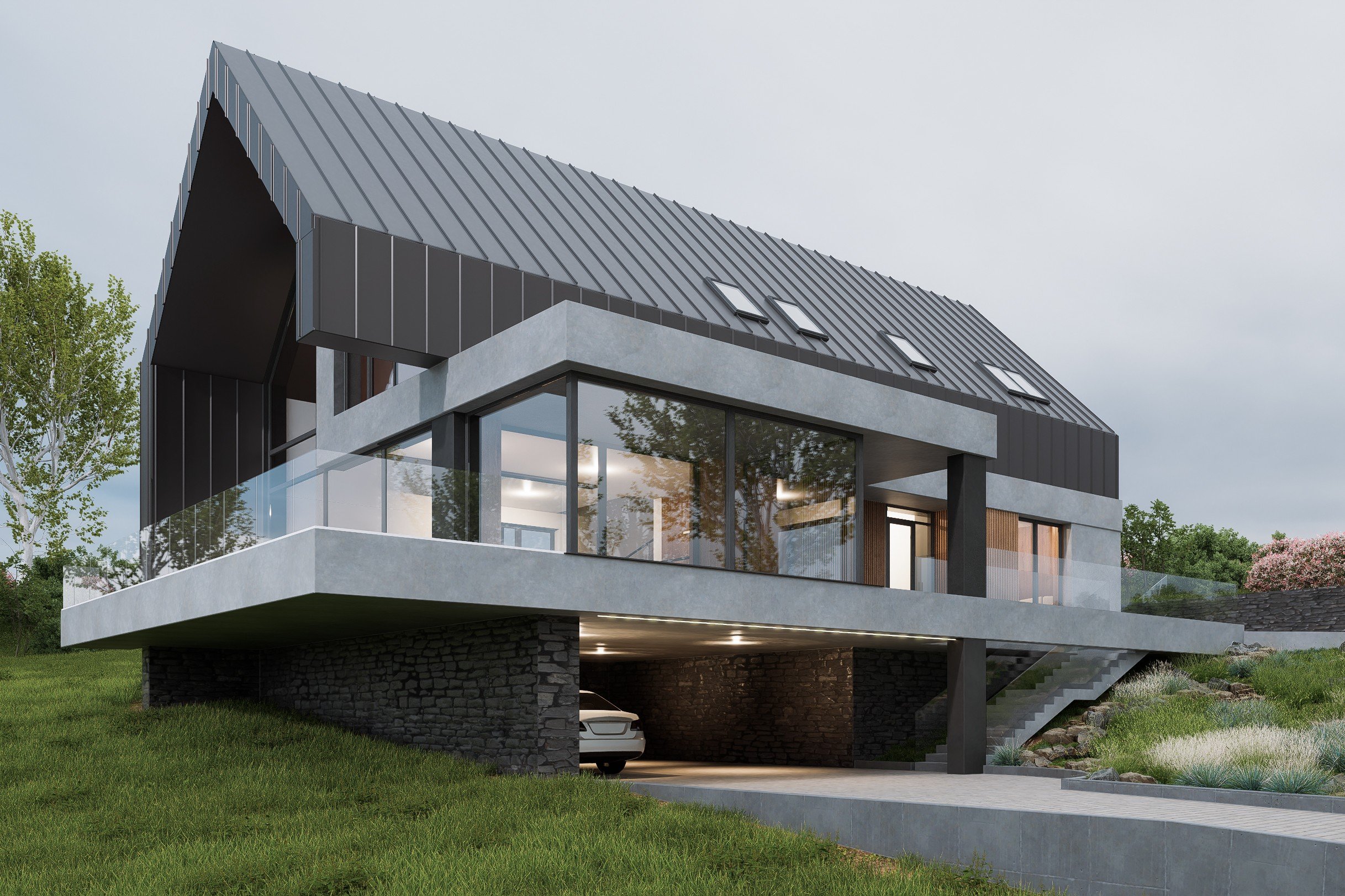 Modern house with large glass windows, black and concrete exterior, situated on a grassy hillside, with a car parked in an underground garage.