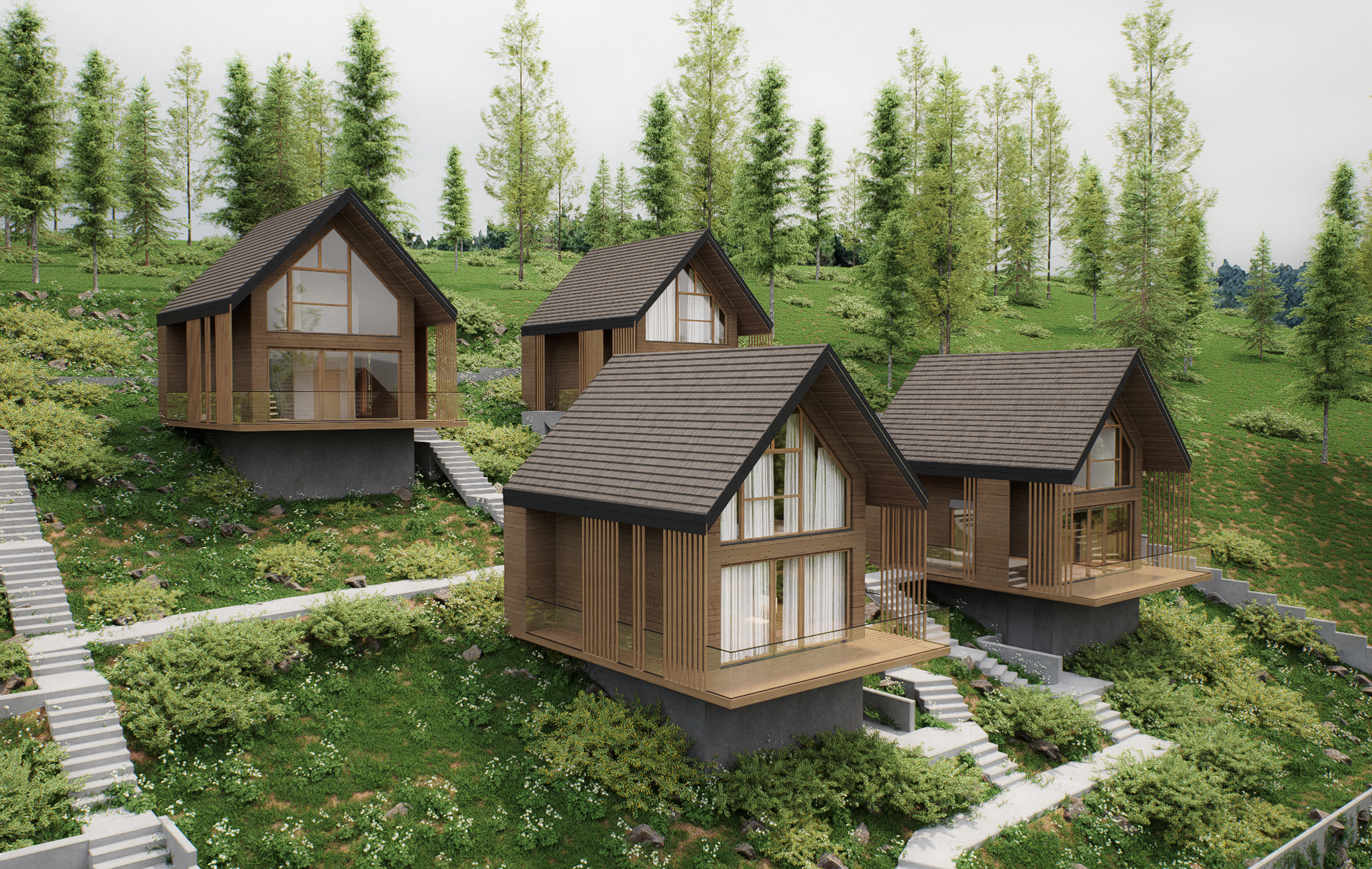 Four modern wooden houses on a hillside surrounded by green trees and bushes, with concrete stairs leading up to each house.