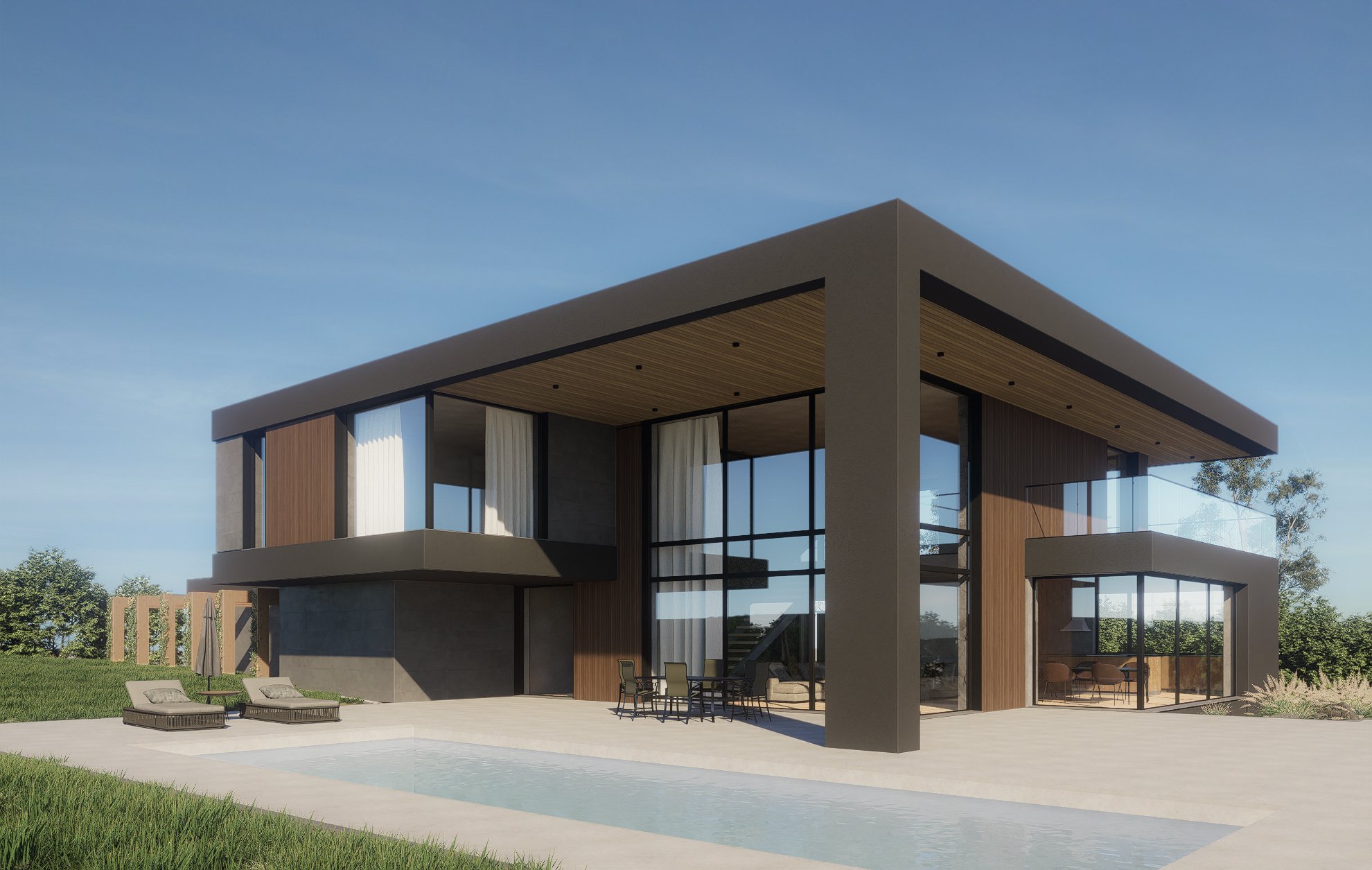 Modern two-story house with large glass windows, wooden and gray exterior, a patio with outdoor dining furniture, a pool, and lounge chairs, surrounded by grass and trees under a clear blue sky.