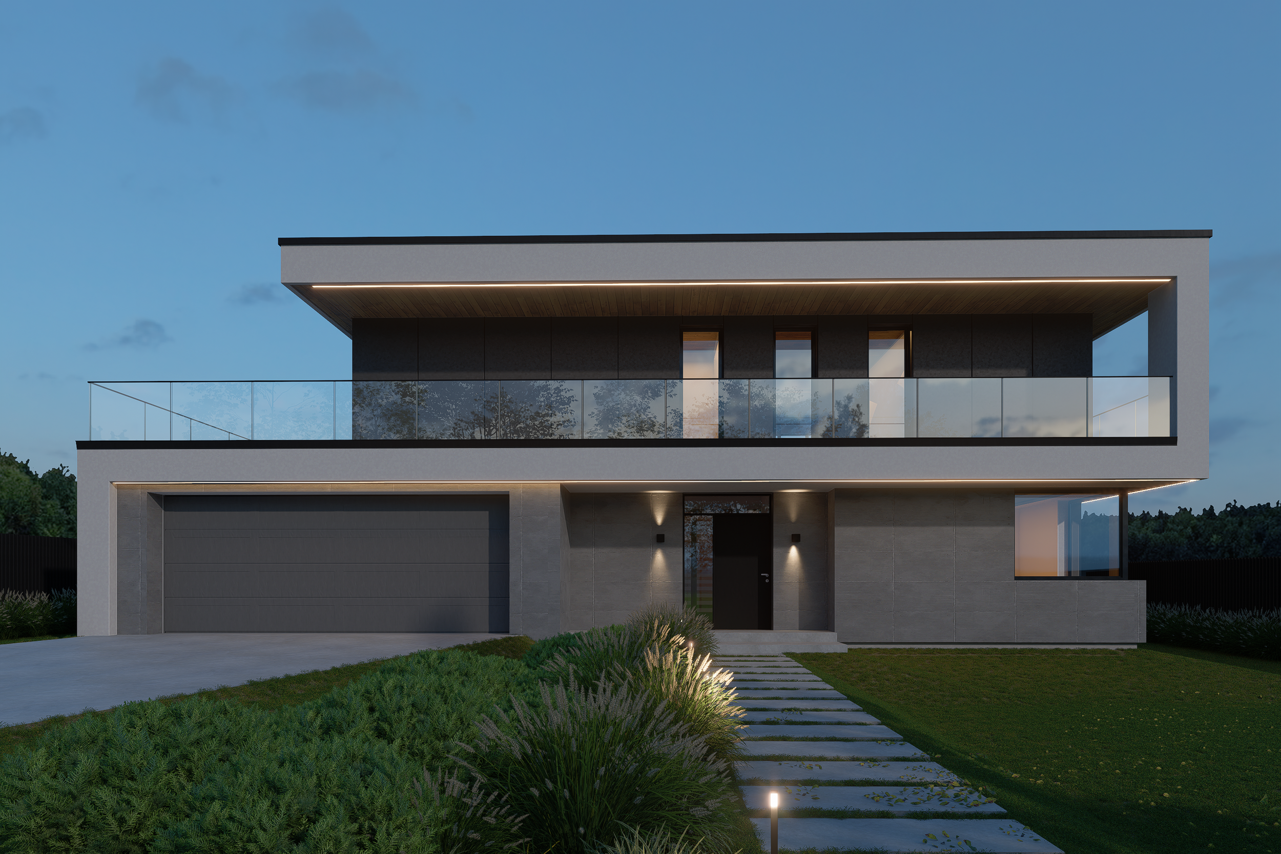 Modern two-story house with large glass balcony on the upper level, driveway, and front landscaping during evening with lights on.