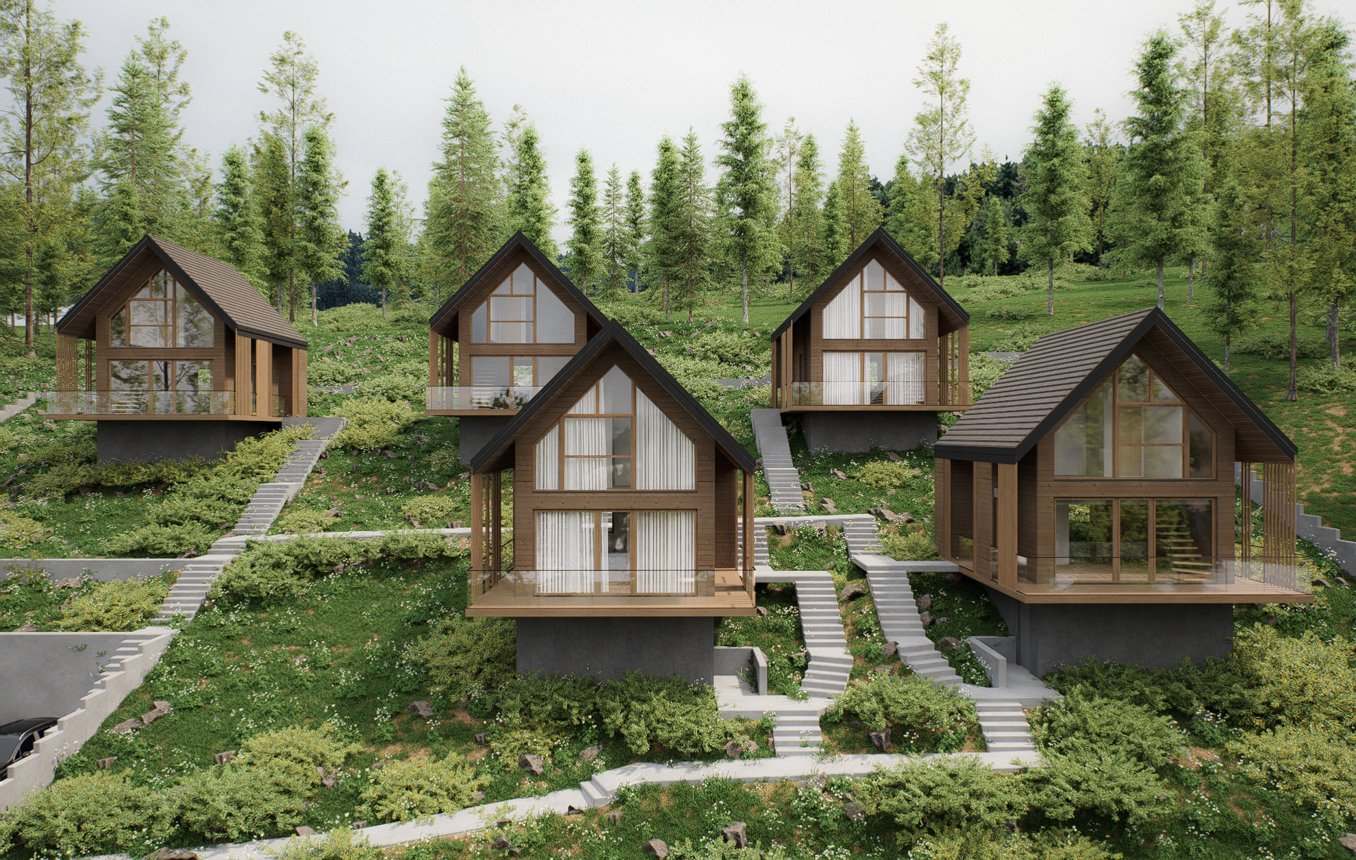 A hillside with five modern wooden houses with large windows, surrounded by greenery and tall trees.