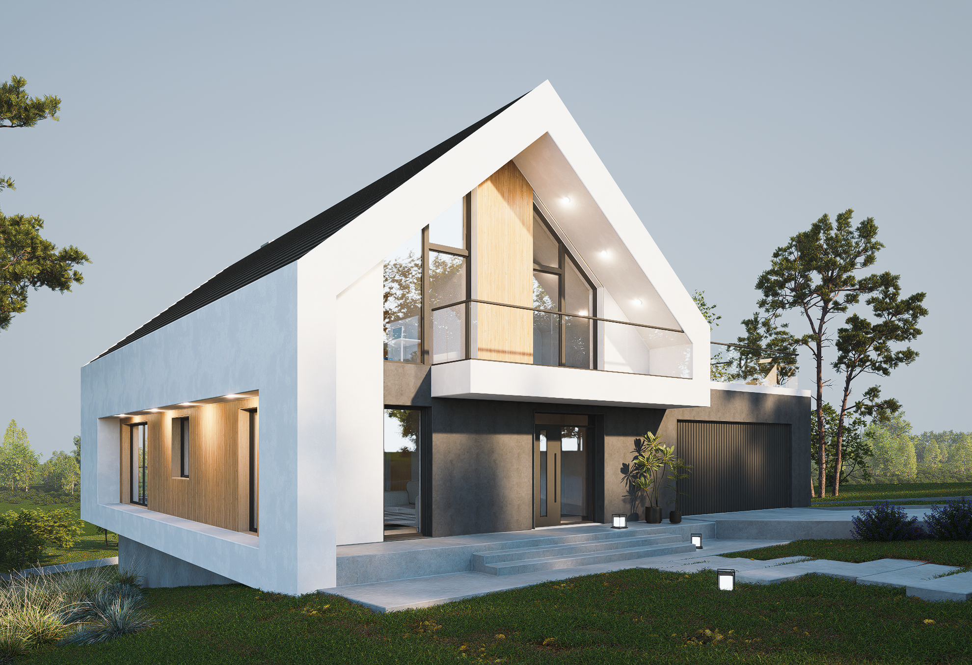 Modern two-story house with a white sloped roof, large glass windows, and a small balcony, situated in a landscaped yard with trees and pathway lights.