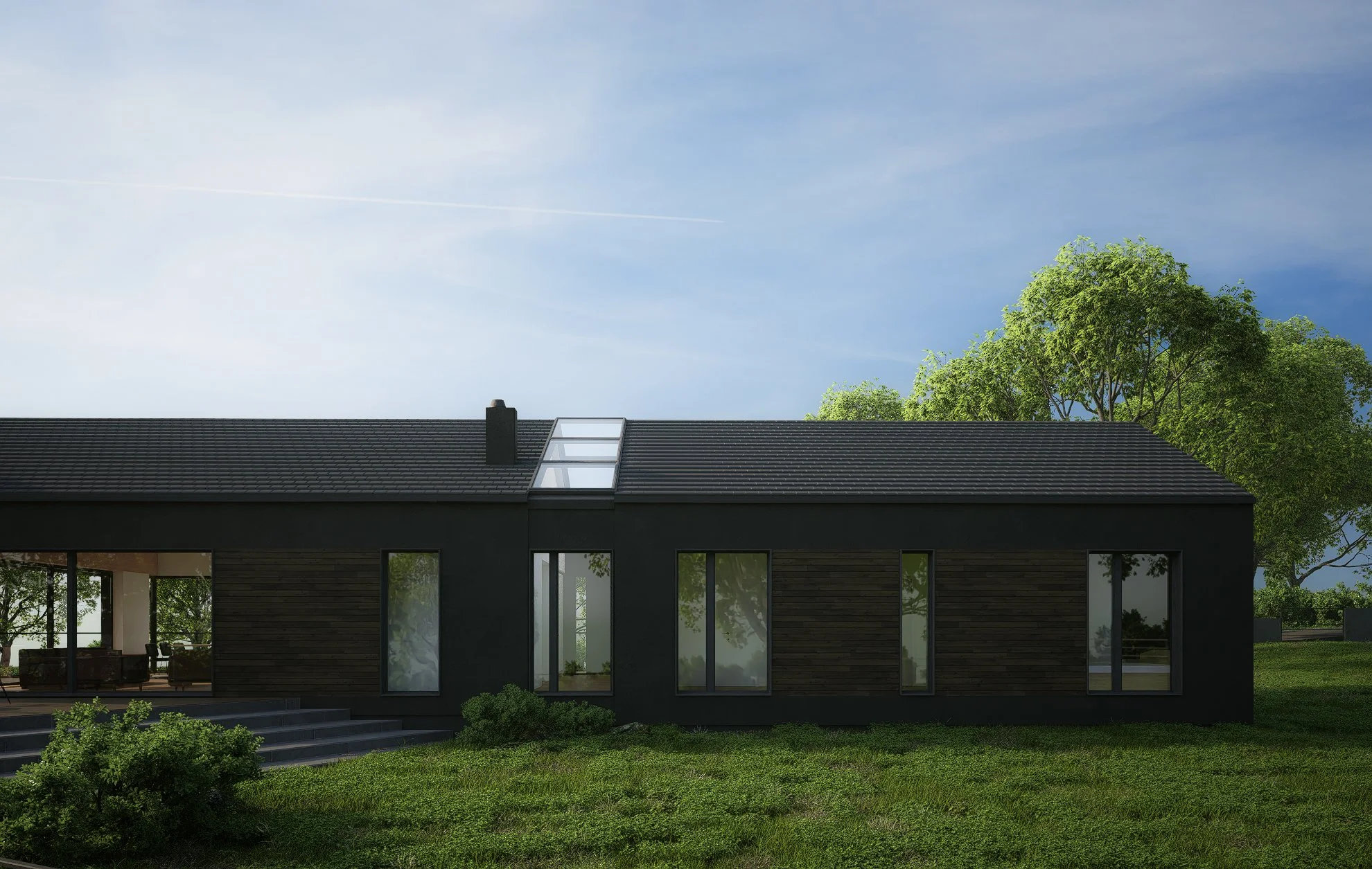A modern house with black exterior walls, large windows, a dark tiled roof with a skylight, and a green lawn with trees in the background under a partly cloudy sky.