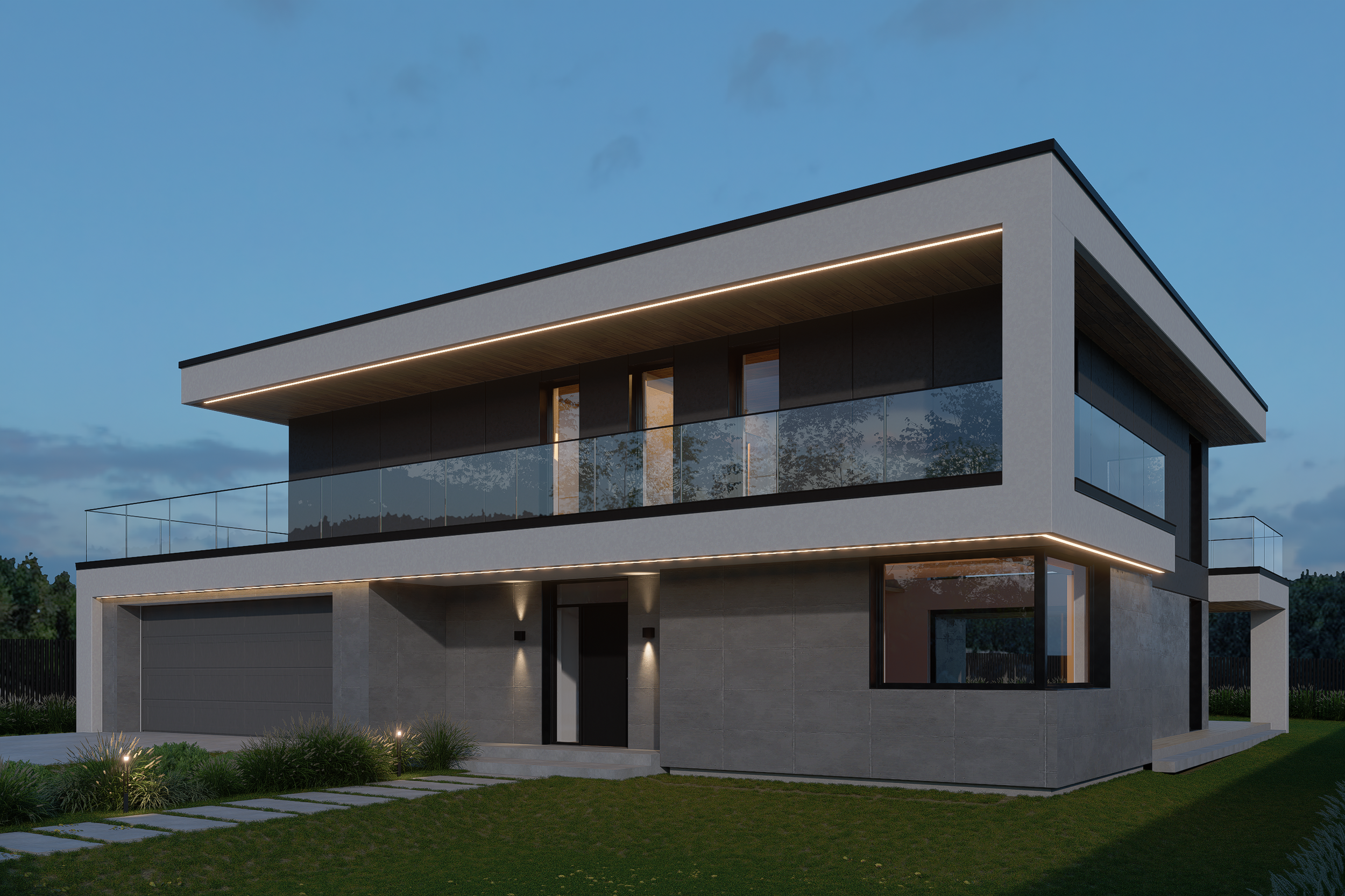 Modern two-story house with large glass windows, a garage, outdoor lighting, and a landscaped yard at dusk.