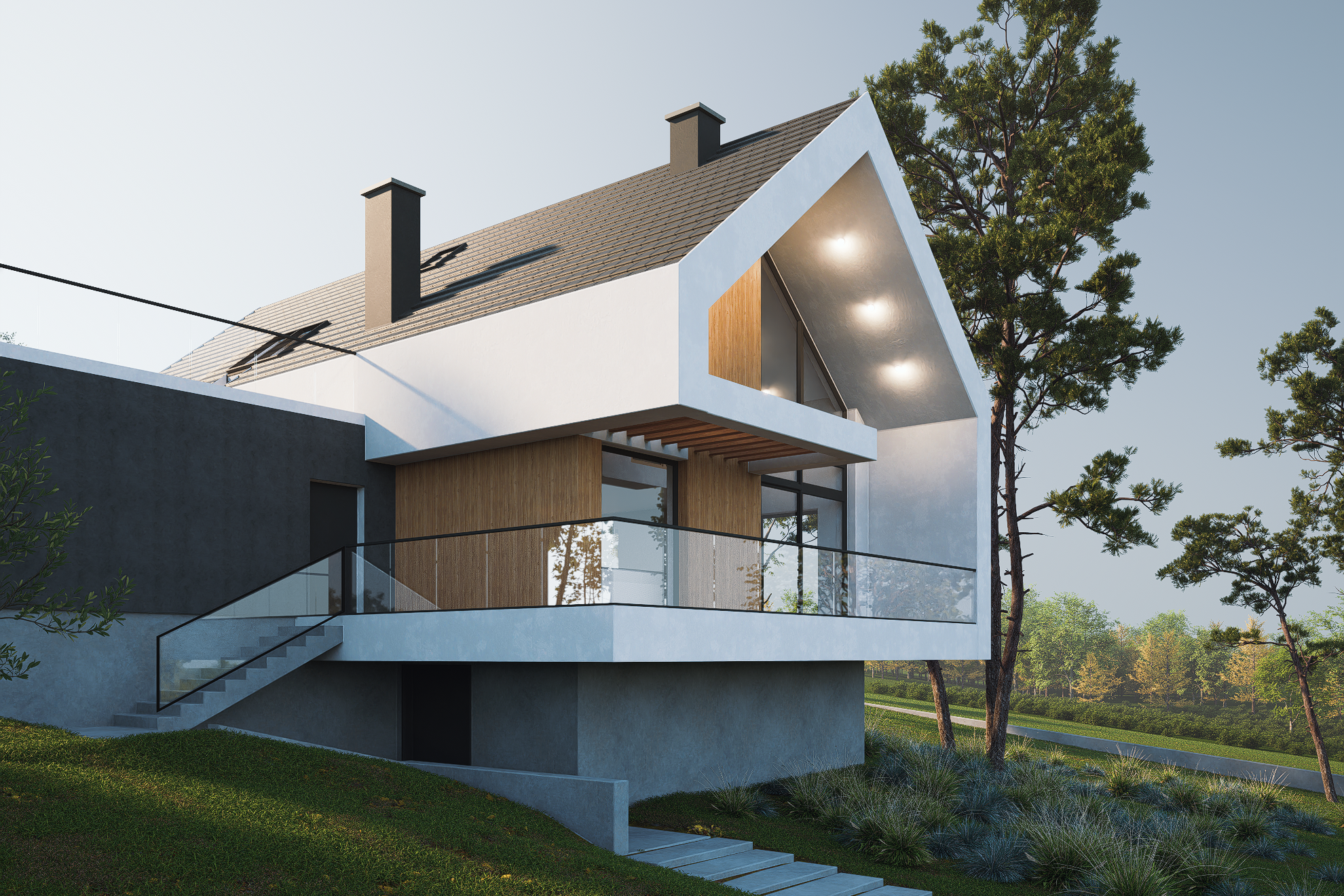 Modern two-story house with white and gray exterior walls, large glass windows, a wooden accent wall, a glass balcony, and a staircase leading to the upper level. The house is surrounded by trees and landscaping under a clear sky.