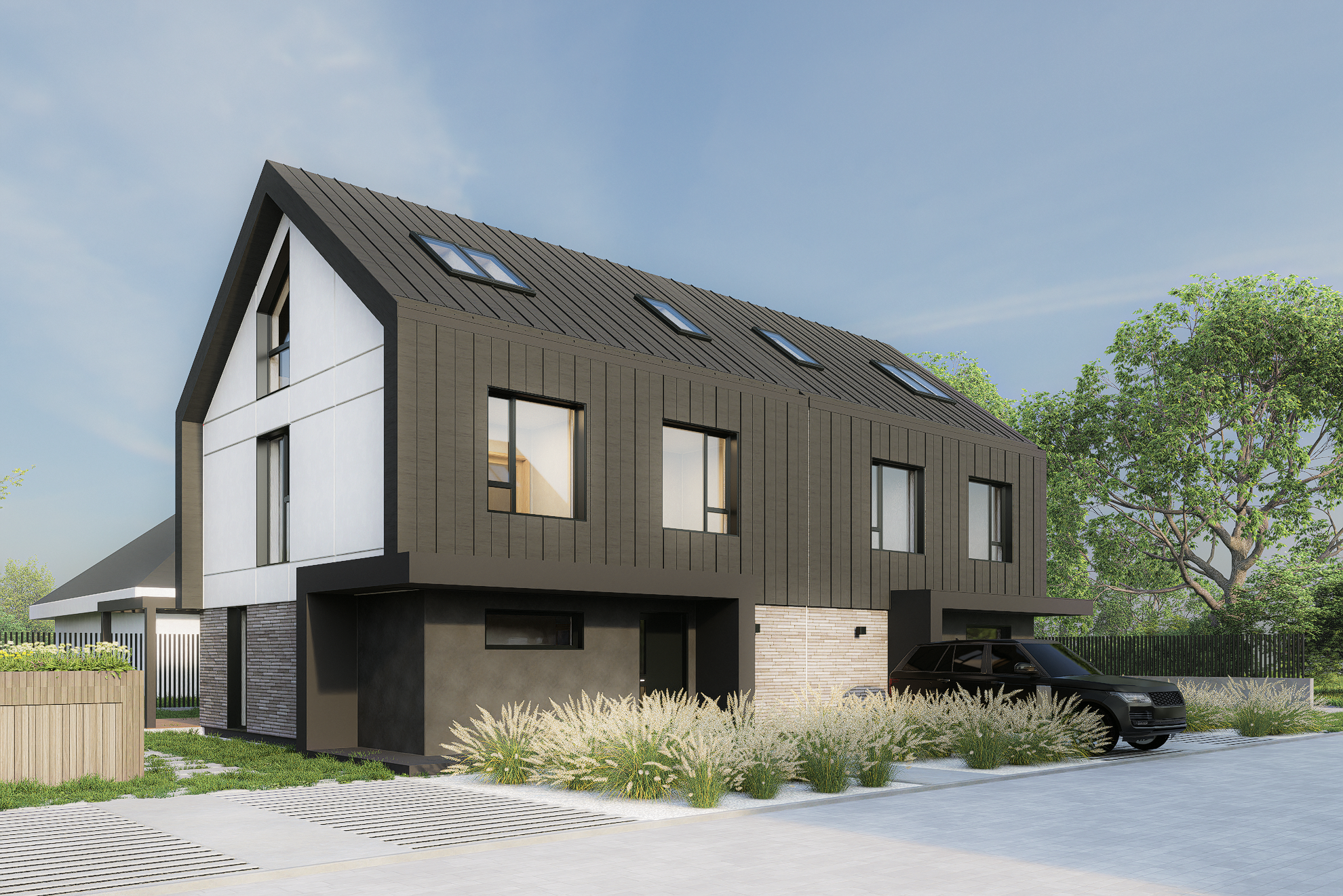 Modern black and white multi-story house with a sloped roof, several skylights, and a car parked outside, surrounded by landscaping and trees.