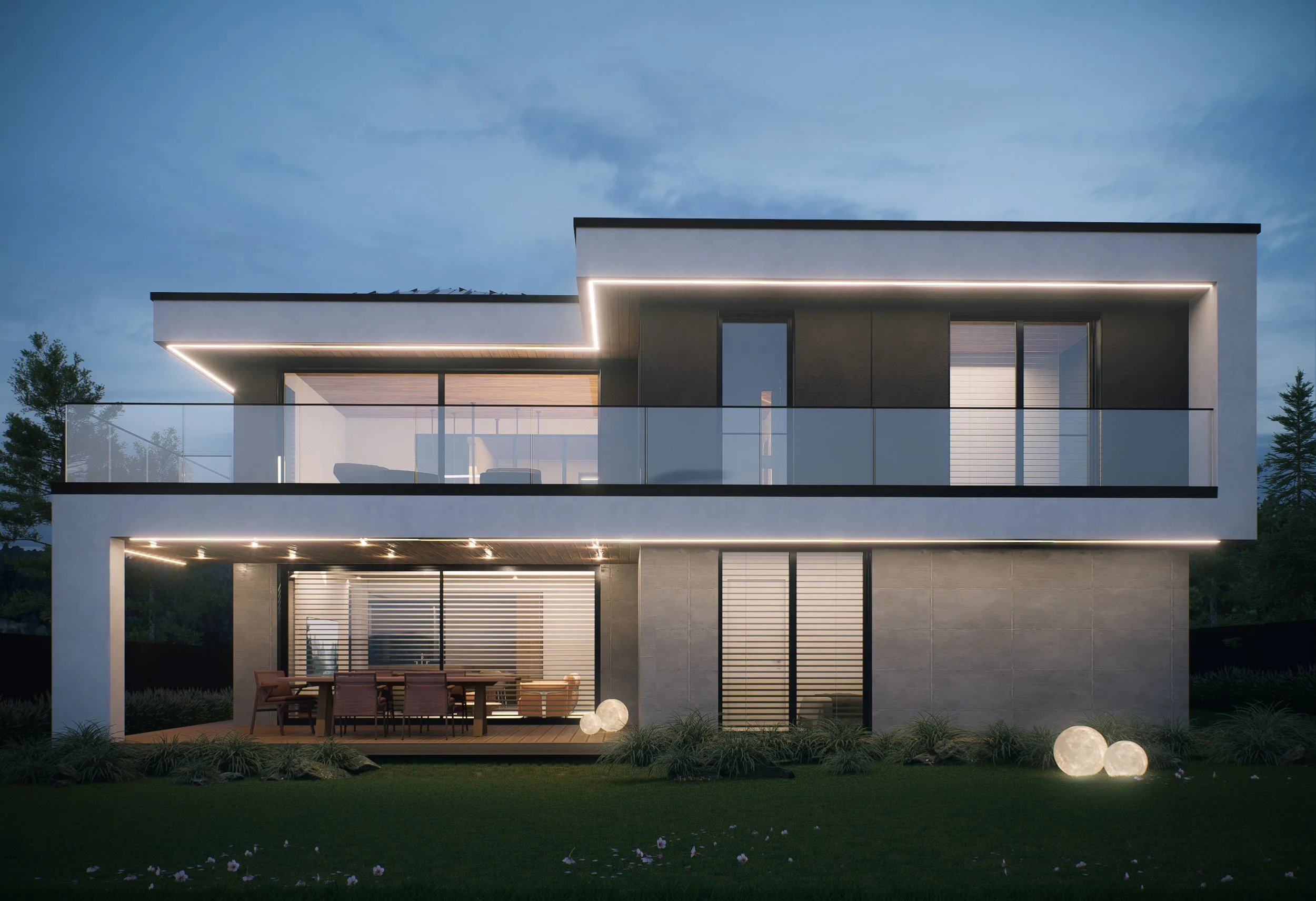 Modern two-story house with illuminated exterior and large windows, overlooking a backyard with outdoor dining area, decorative spherical lights, and landscaped lawn at dusk.