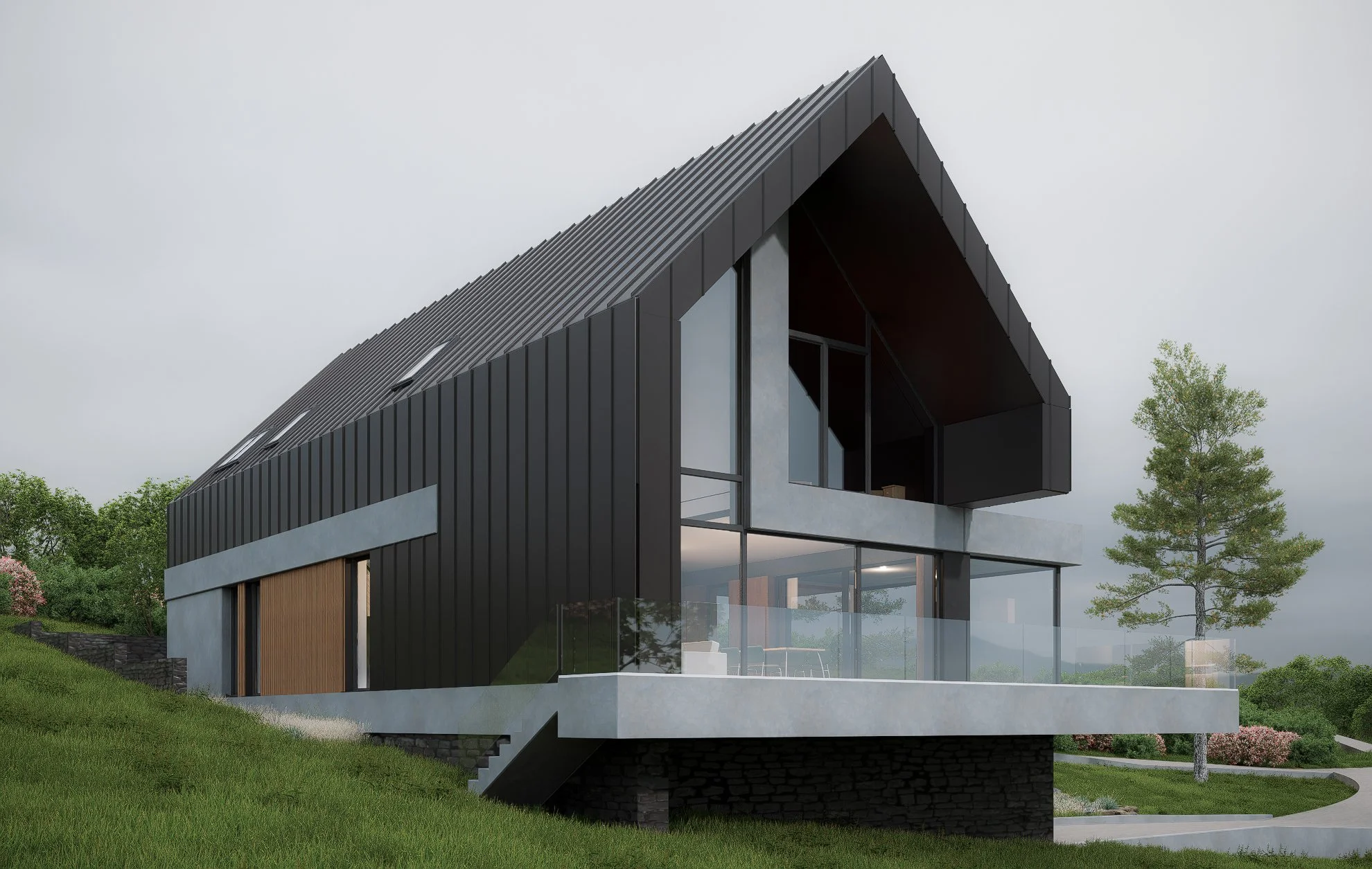 Modern house with black metal roof and exterior walls, large glass windows and balcony, on a grassy hill with a tree and cloudy sky in the background.