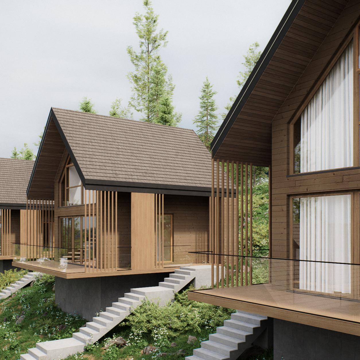 Modern wooden houses on stilts with stairs leading to elevated entrances, surrounded by trees and greenery.