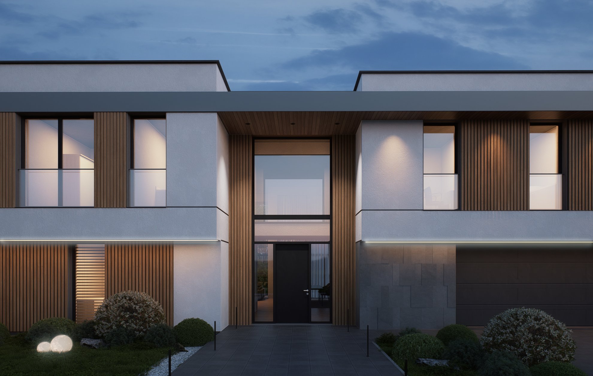 Modern two-story house with white and wooden exterior facade, illuminated entrance, large windows, and landscaped front yard with shrubs and pathway.