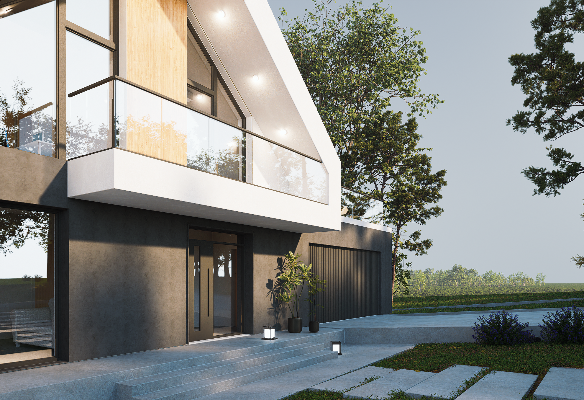 Modern two-story house with dark exterior walls, glass balcony, and large windows. Steps lead to the front door, with potted plants and small lantern lights nearby. Trees and a grassy yard surround the house under a clear sky.