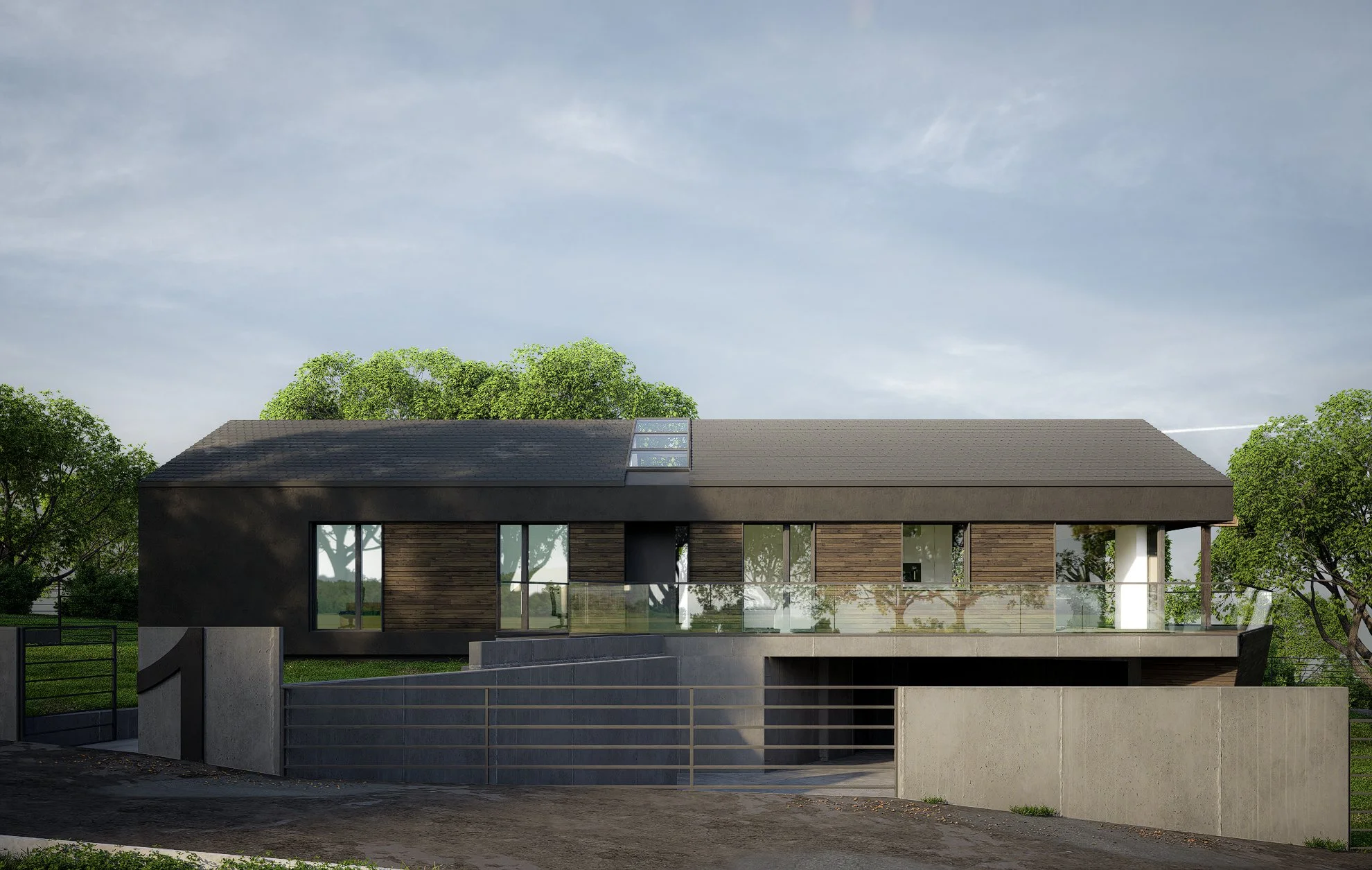 Modern two-story house with a black and wood exterior, large glass windows, a flat roof, and a concrete driveway, surrounded by greenery and trees under a cloudy sky.