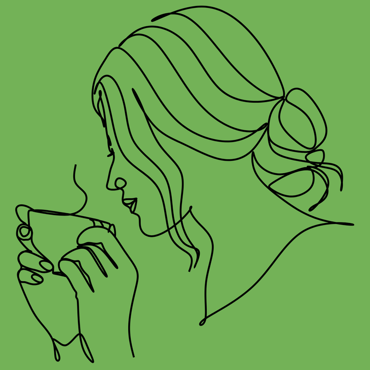Line drawing of a woman with wavy hair styled in a bun, holding and drinking from a cup on a green background.