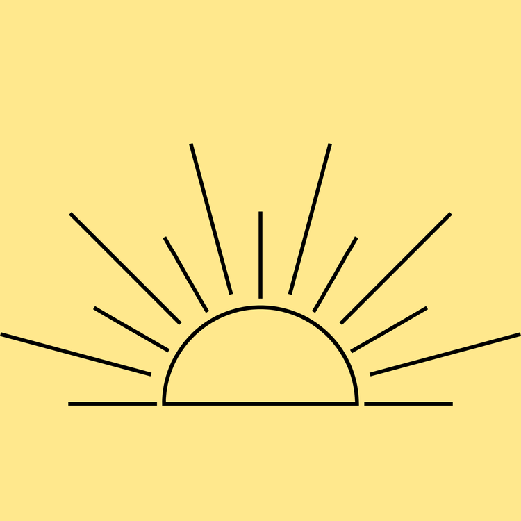Line drawing of a sunrise with rays extending upward and outward on a yellow background.