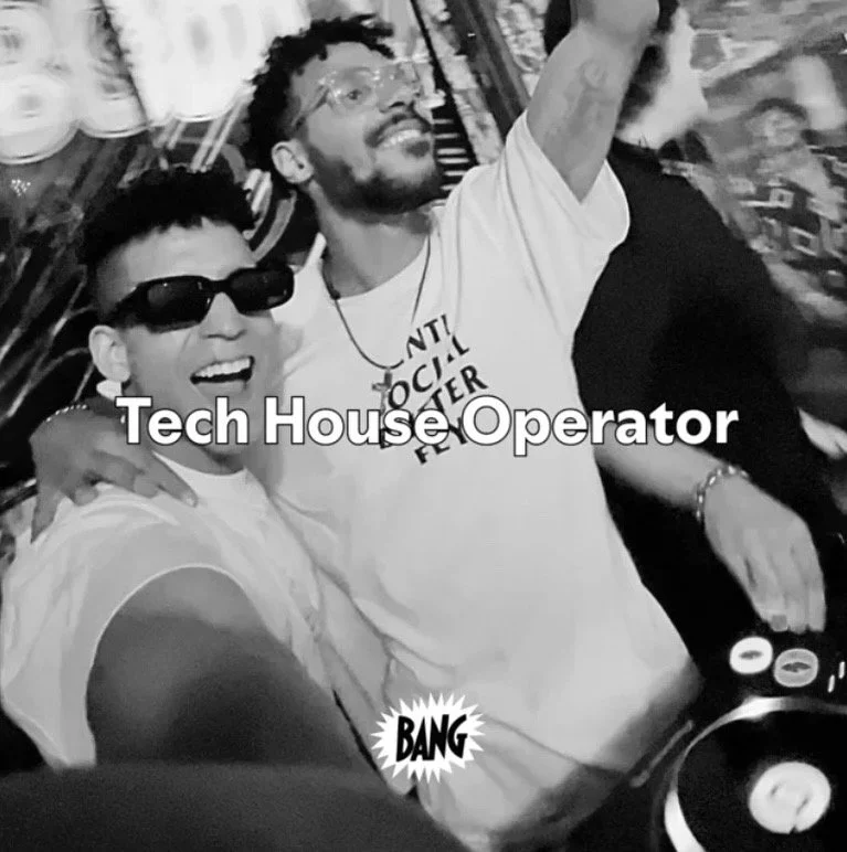Two men, one wearing sunglasses, smiling and taking a selfie, with the text 'Tech House Operator' and a comic style 'BANG' in the image.