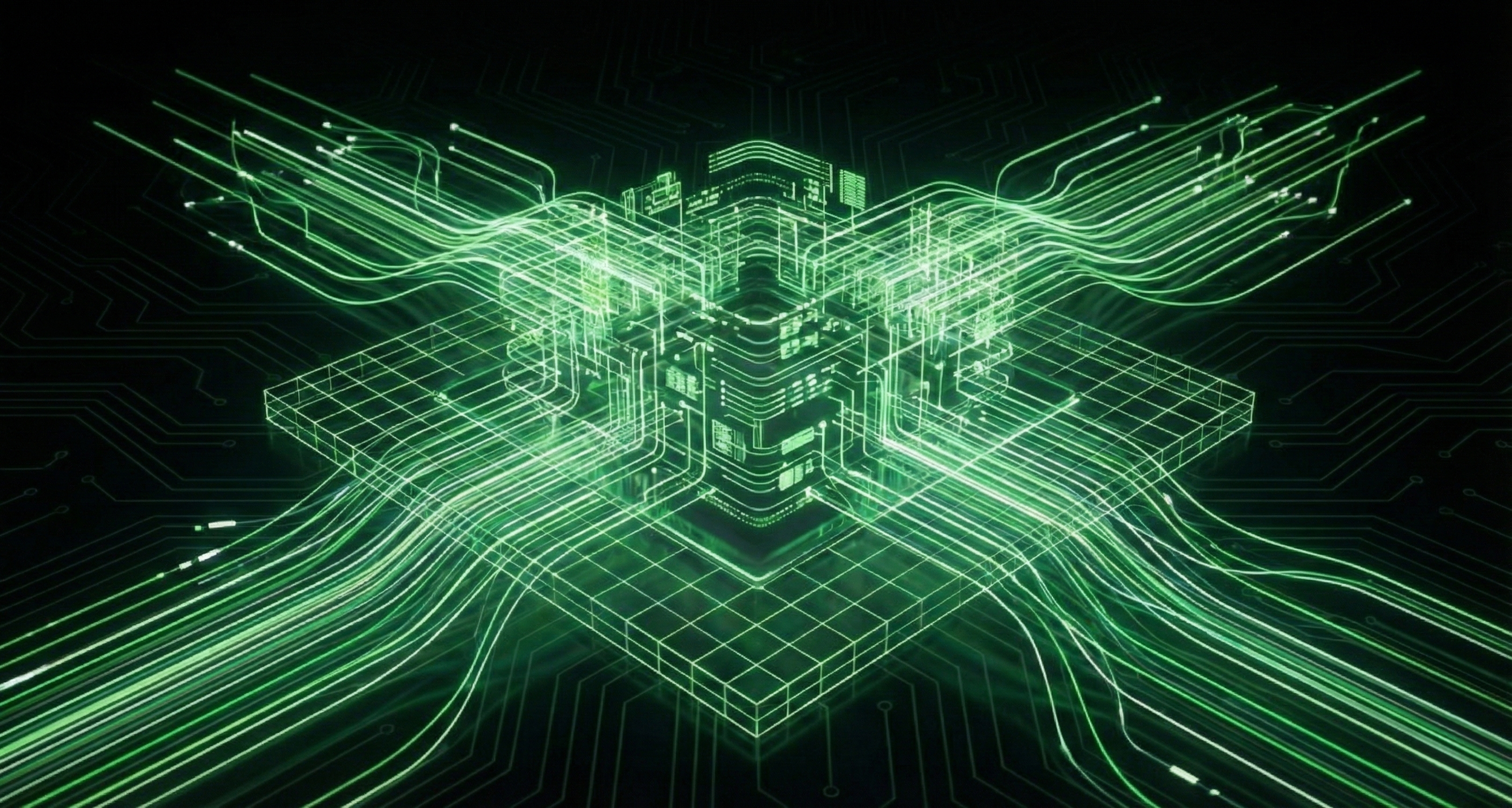 Digital illustration of a computer chip with green circuit lines and glowing connections, representing technology and data flow.