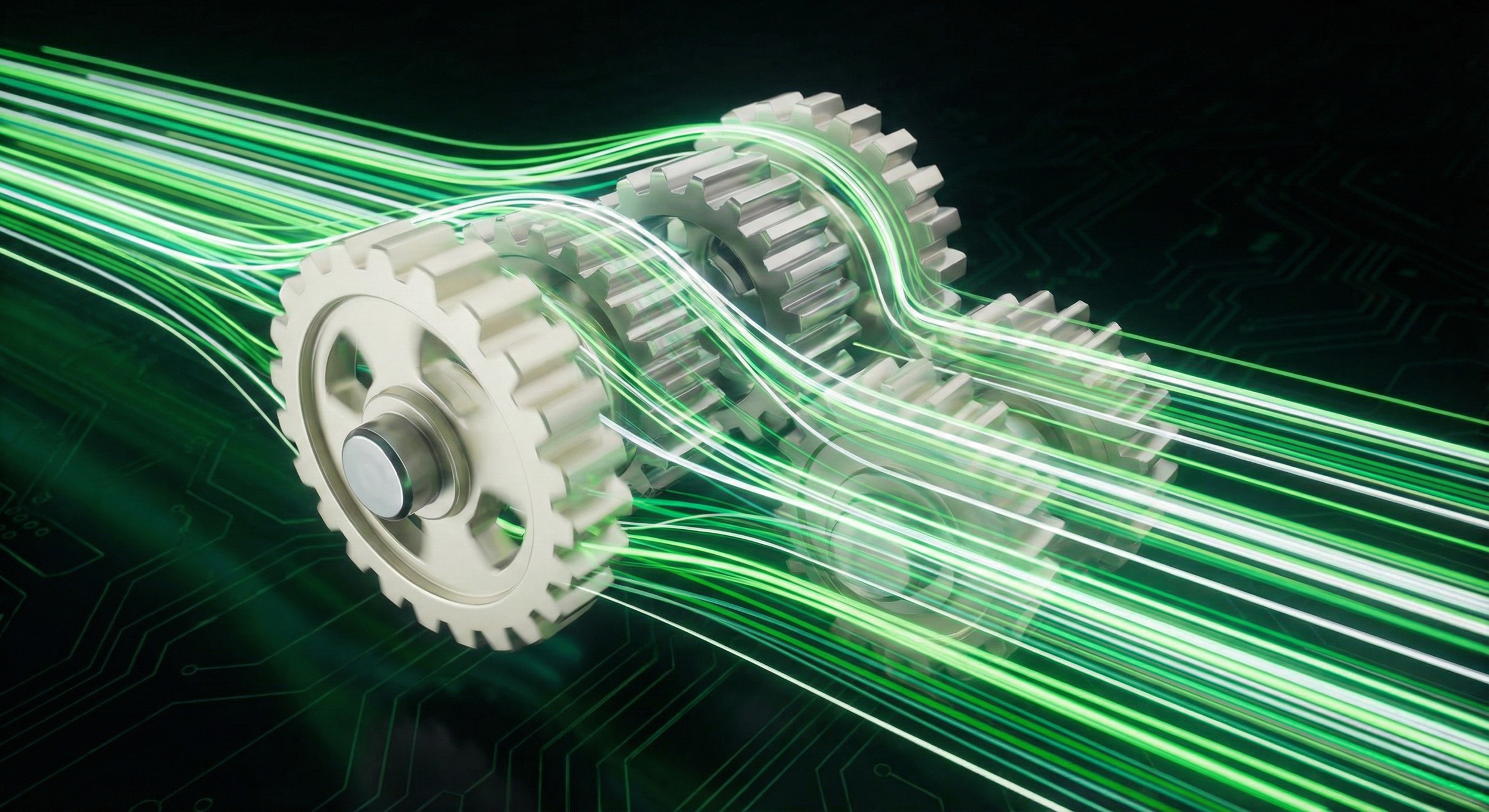 Digital illustration of interconnected gears with green glowing lines flowing through and around them, symbolizing technology and data transfer.