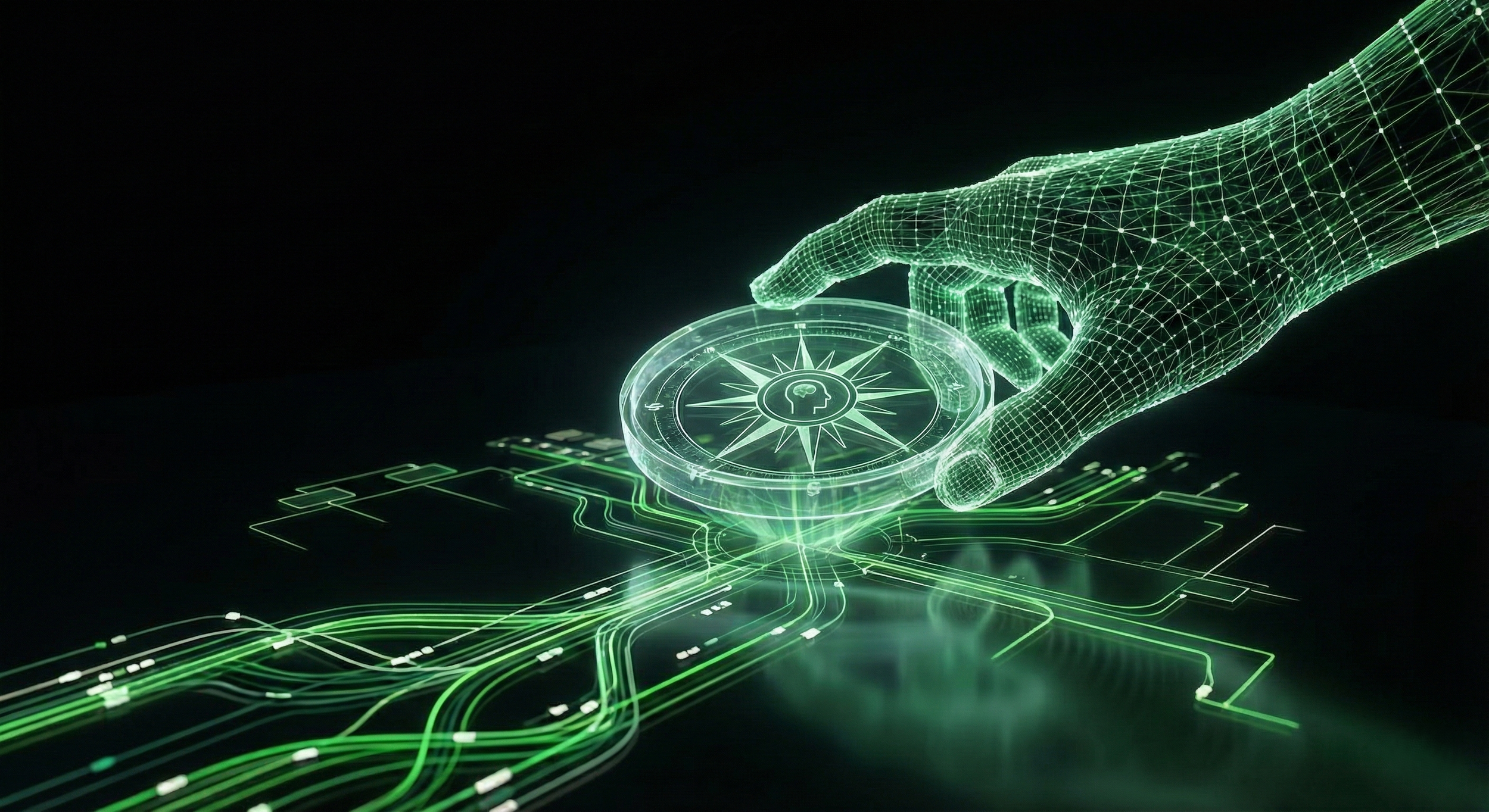 A digital wireframe hand reaching to touch a holographic compass with a brain icon in the center, surrounded by glowing green circuits in a dark background.
