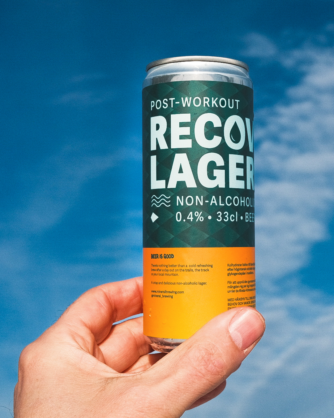 Post-Workout Recovery Lager, a non-alcoholic beer with 0.4% alcohol, 33cl size with electrolytes and antioxidants for post-workout recovery.