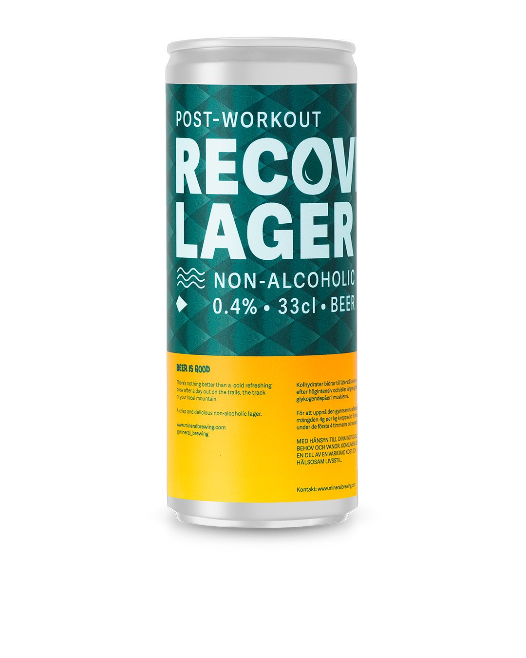 Post-Workout Recovery Lager, a non-alcoholic beer with 0.4% alcohol, 33cl size with electrolytes and antioxidants for post-workout recovery.