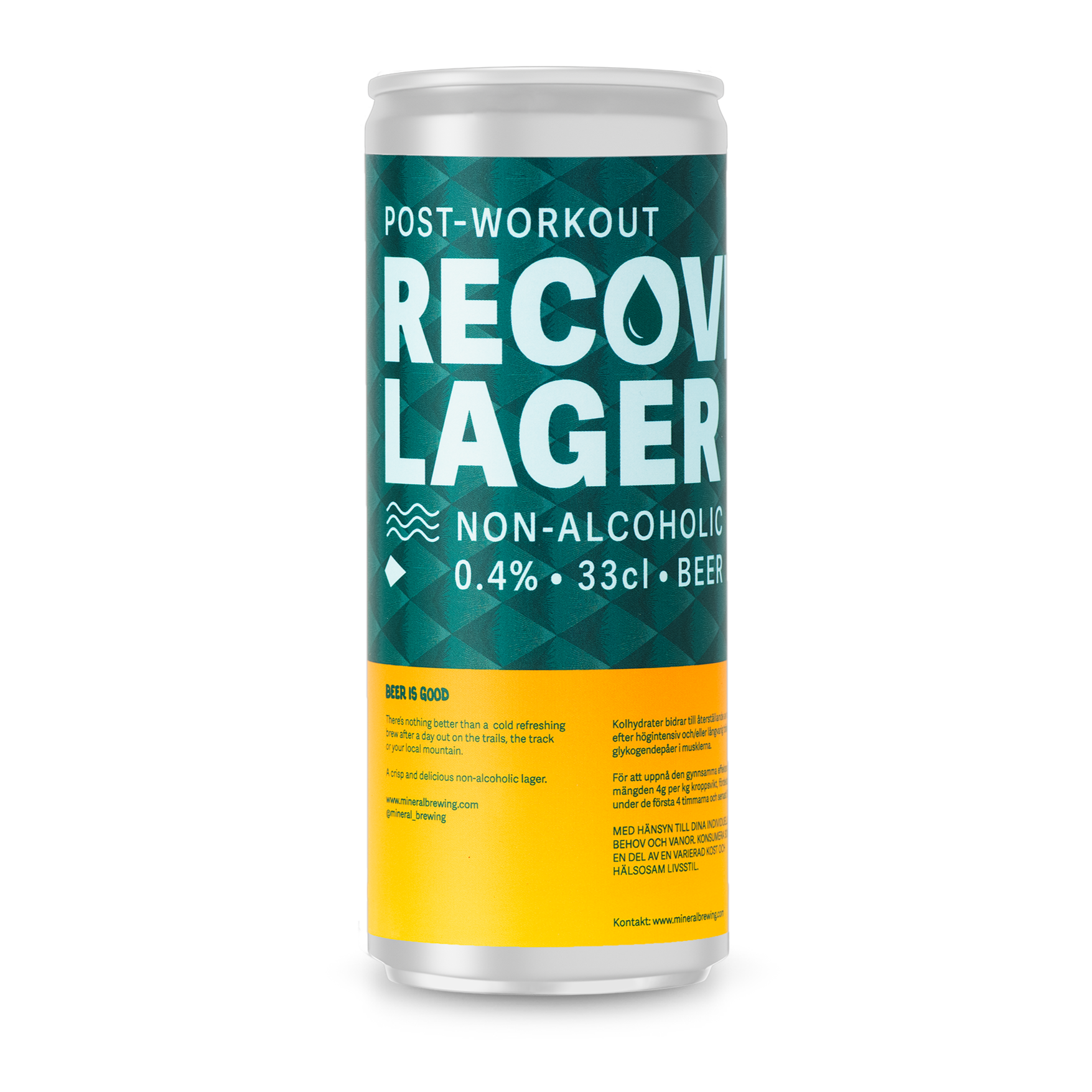 A can of non-alcoholic 'Post-Workout Recovery Lager' - 0.4% 33cl Beer'.