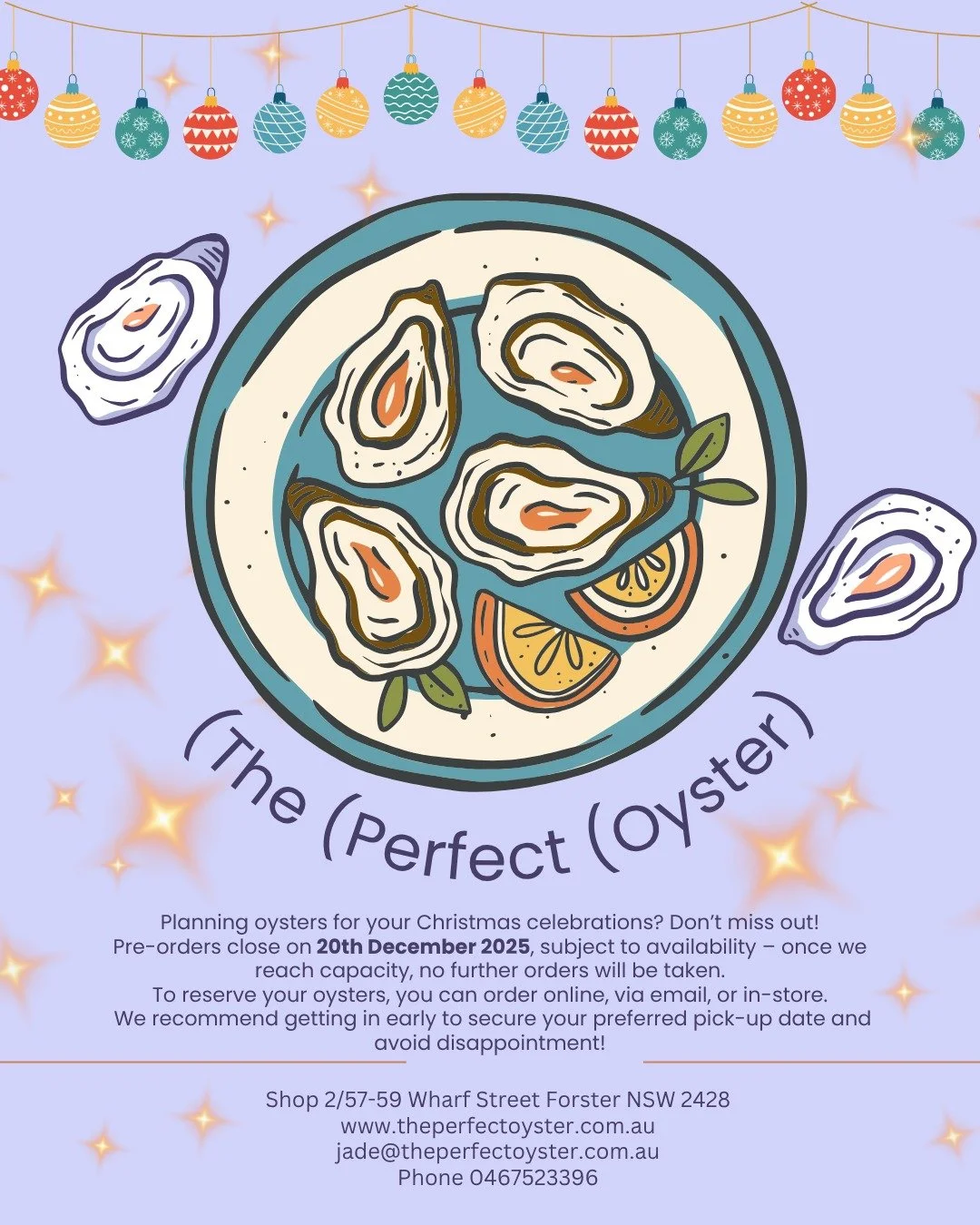 🦪🎄 Christmas Oyster Pre-Orders Are Open! 🎄🦪

Planning oysters for your Christmas table? Don&rsquo;t miss out &mdash; pre-orders close 20th Dec (or earlier if sold out!).

✨ Live Sydney Rock Oysters (Unopened)
▪️ Bistro or Bottle grade
▪️ Packed i