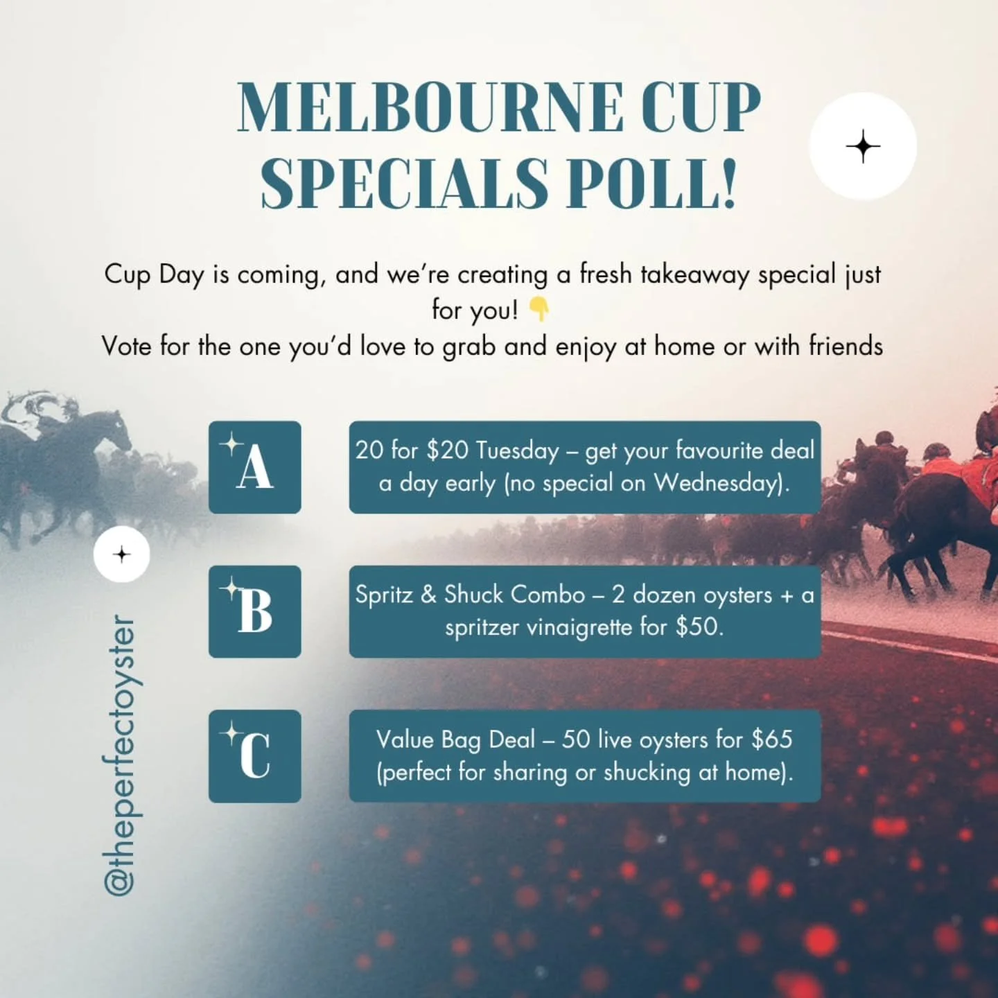 Cup Day is nearly here! 🐎🥂

We&rsquo;re planning a fresh takeaway special &mdash; and you get to choose which one we bring to life for Cup Day! 💬

Check out the options in the post and comment A, B, or C below 👇

Your vote decides our Cup Day spe