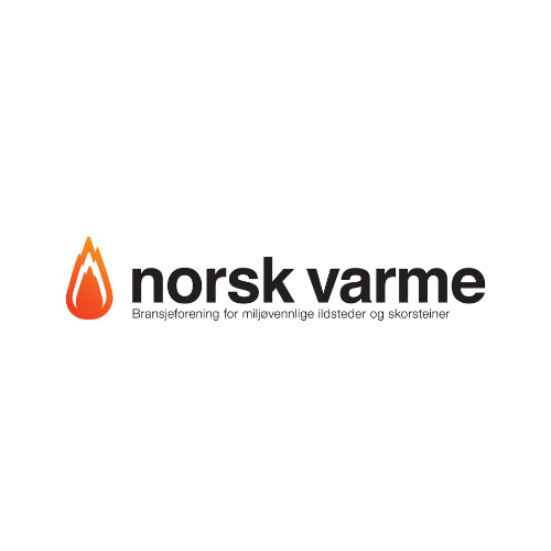 Logo for Norsk Varme med en brannflamme til venstre for teksten.