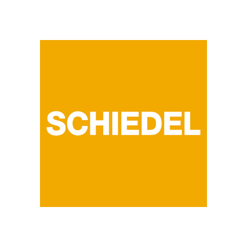 Logo for Schiedel med hvit tekst på gult bakgrunn.