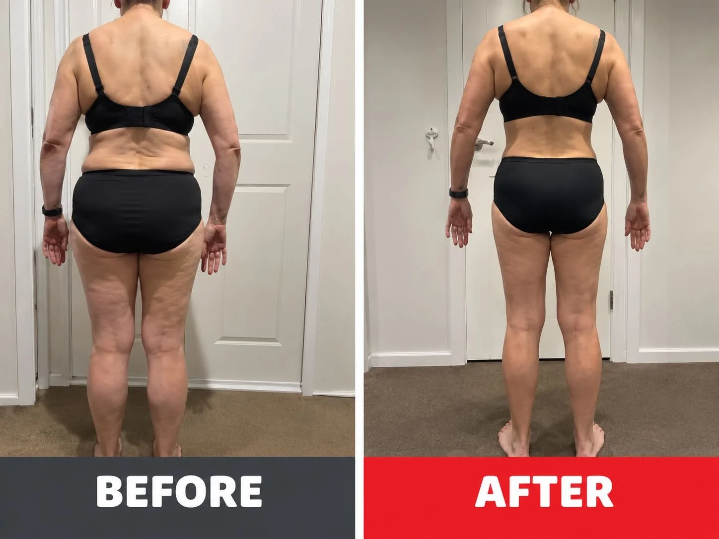 Side-by-side comparison of a woman's back and legs in a 'before and after' transformation, showing weight loss and muscle tone improvement.