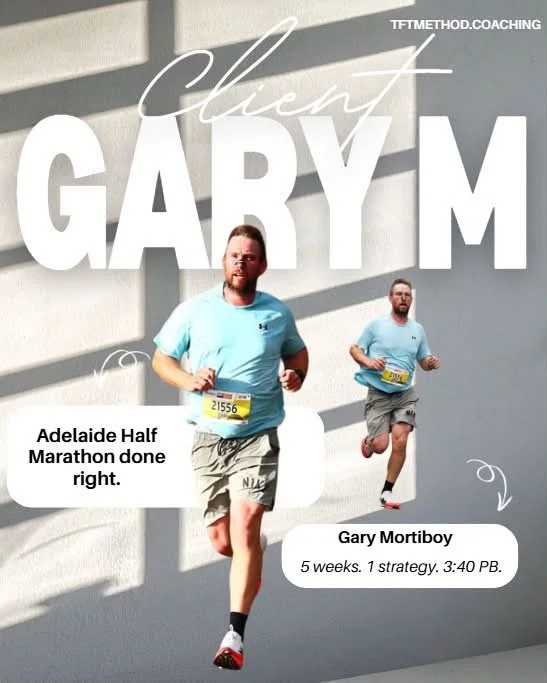 Two men running in a marathon, wearing light blue shirts and shorts, with race bibs. One man is closer to the camera, and the other is further back. Text overlays mention events and times.