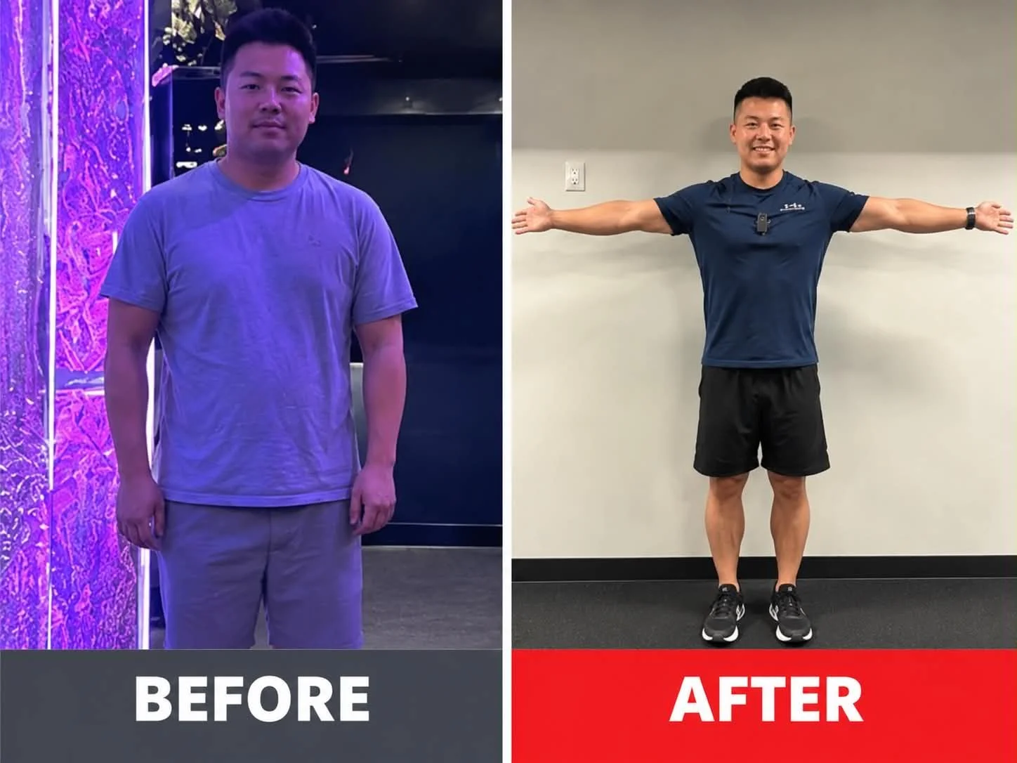 Side-by-side comparison of a man before and after fitness transformation. In the 'before' photo, he is wearing a purple t-shirt and khaki shorts, standing in front of a purple-lit background. In the 'after' photo, he is wearing a navy athletic shirt and black shorts, standing against a plain wall with arms outstretched and smiling.