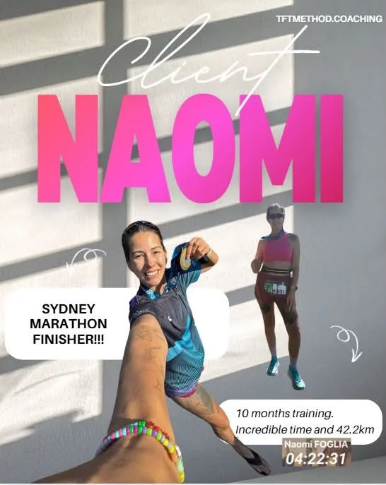 Celebratory photo of Naomi Naomi smiling and taking a selfie after finishing the Sydney Marathon. A second runner is visible in the background. Text on the image highlights her achievement, training duration, and race distance.