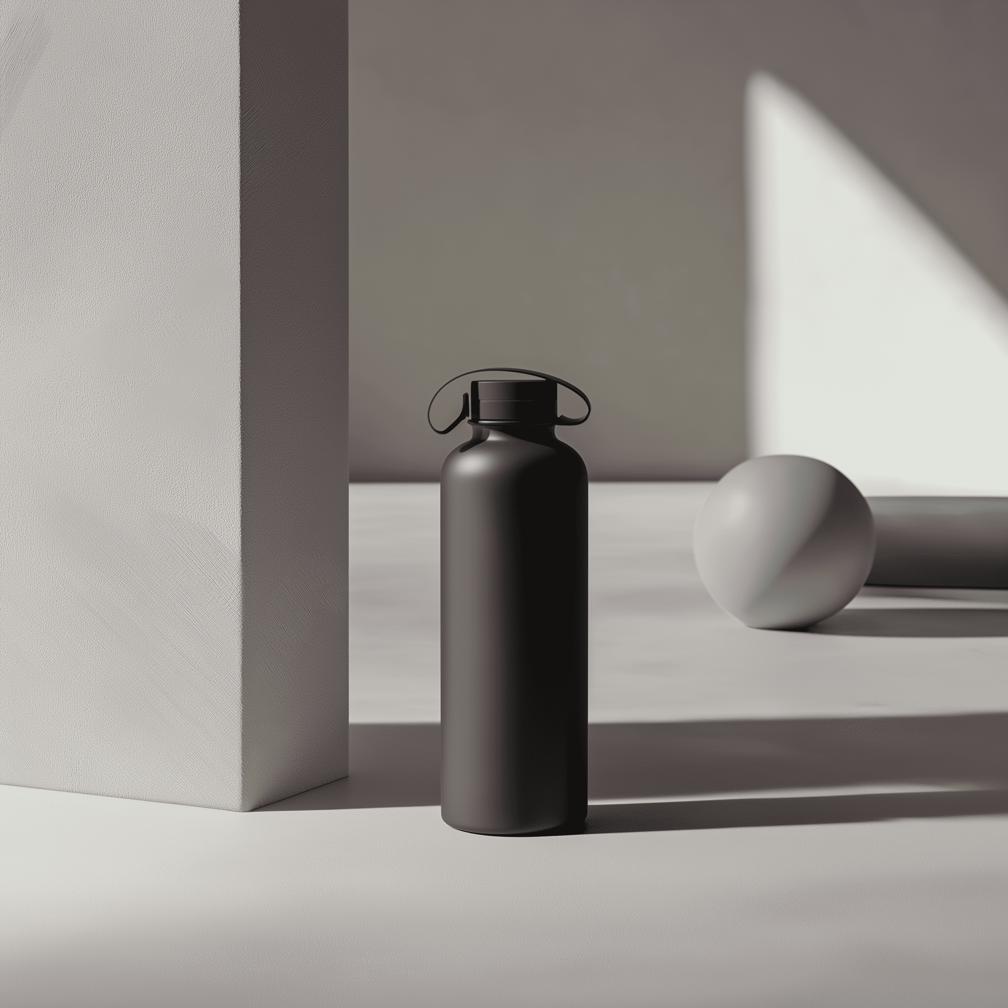 Black water bottle, pilates ball and mat