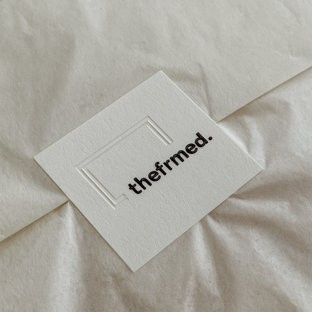 Embossed thefrmed logo card resting on soft tissue - understated branding, refined presentation, and a nod to the care behind every shipment.