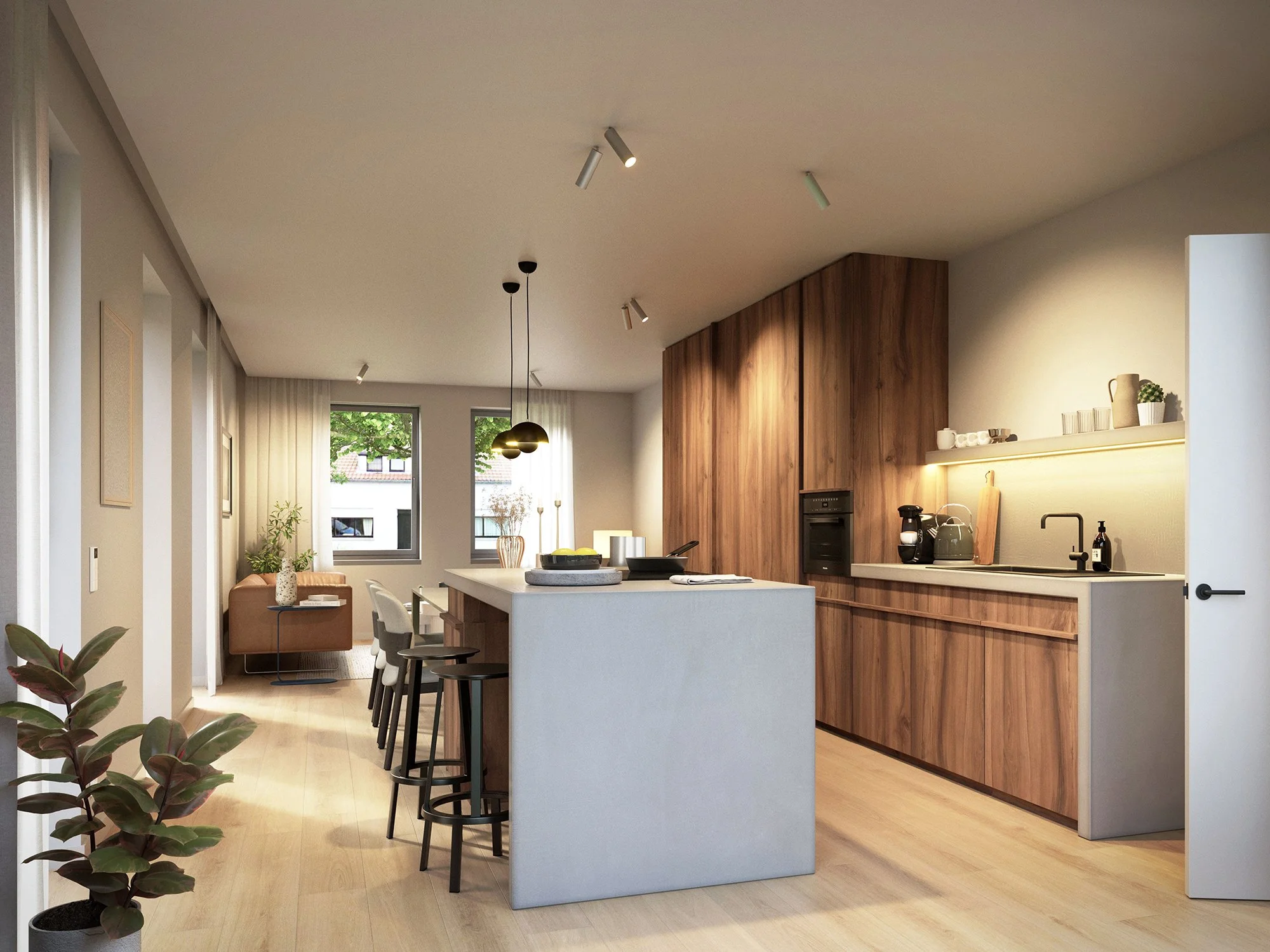 Een moderne keuken en woonkamer met een eethoek, houten kasten, een eiland met zitplaatsen, grote ramen, planten en decoraties, met vriendelijke natuurlijke verlichting.