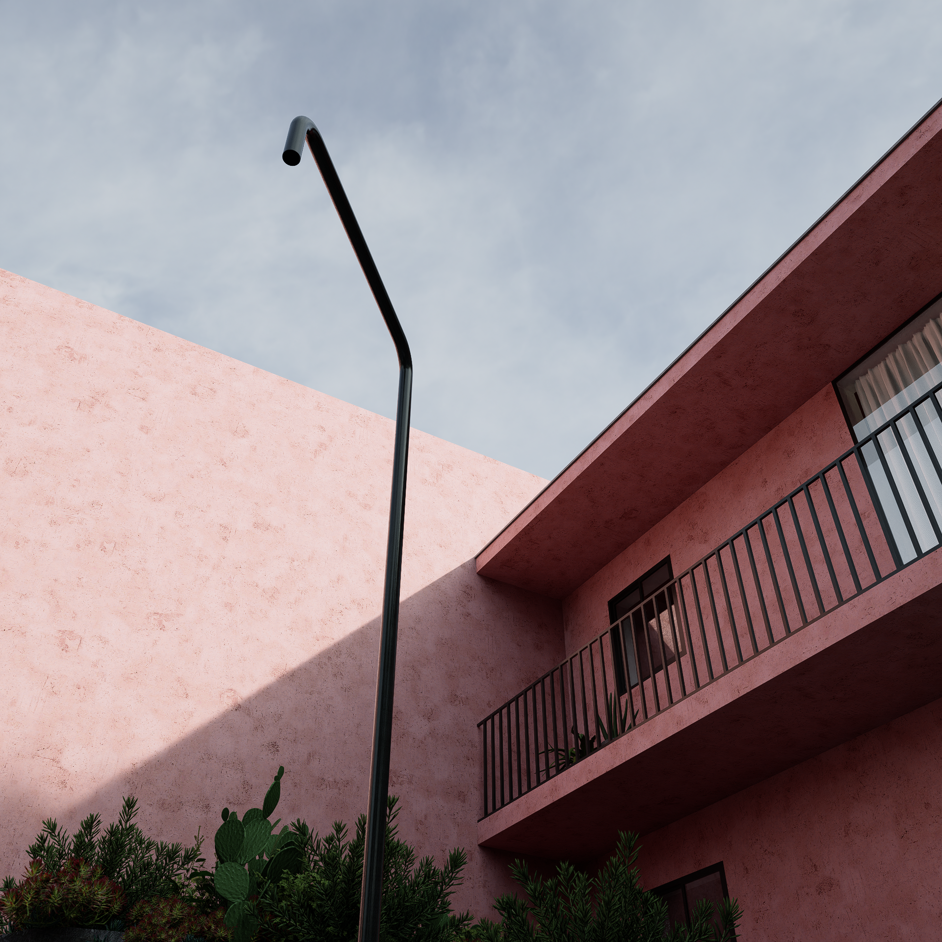 Uitzicht op een modern appartementsgebouw met roze en roodgekleurde muren en balkons, onder een bewolkte grijze hemel. Op de voorgrond staan groene planten en een zwarte straatlantaarn.